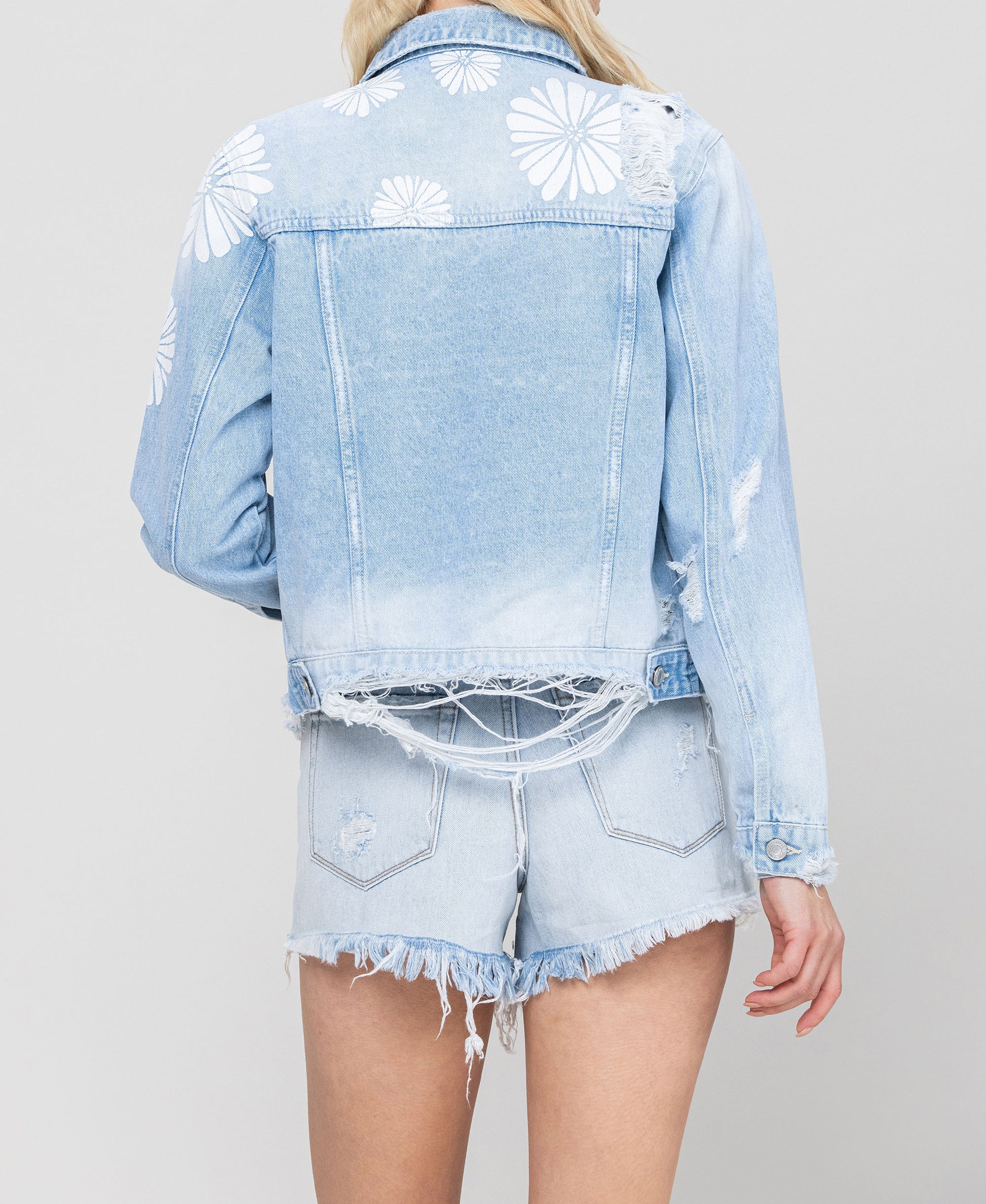 Back product images of Cotton Candy - Classic Crop Denim Jacket W Flower Laser Print