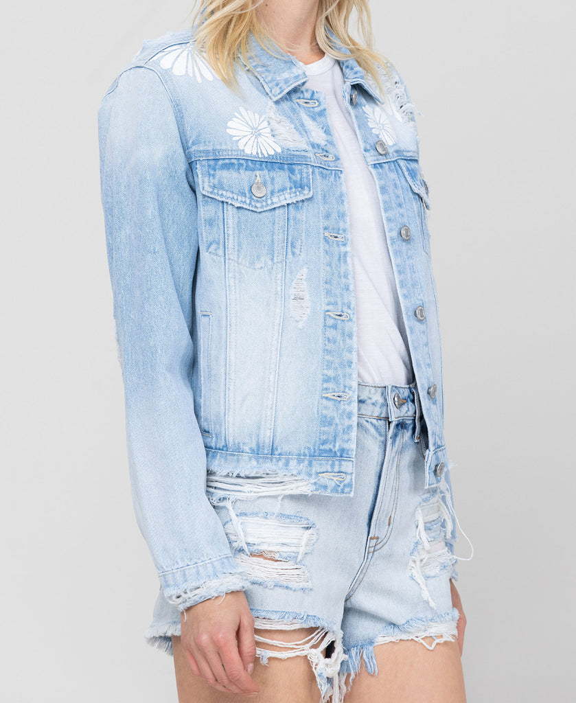 Right 45 degrees product image of Cotton Candy - Classic Crop Denim Jacket W Flower Laser Print
