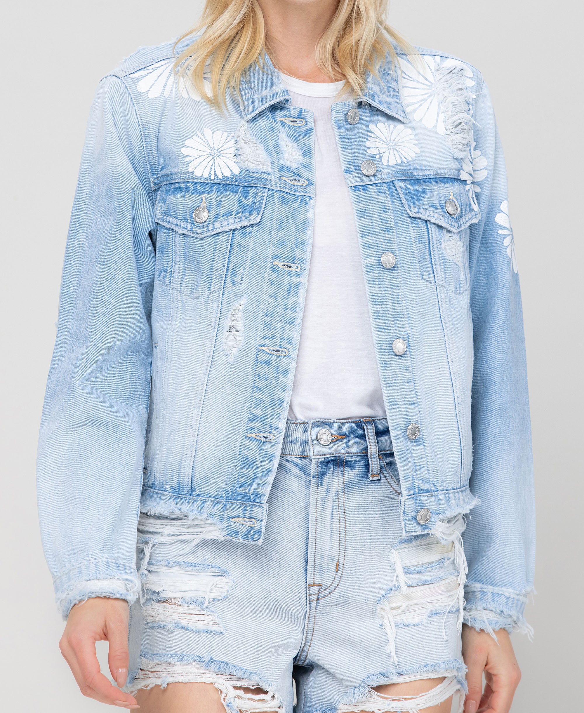 Vervet Cotton Candy Classic Crop Denim Jacket with Flower Laser Print Light L