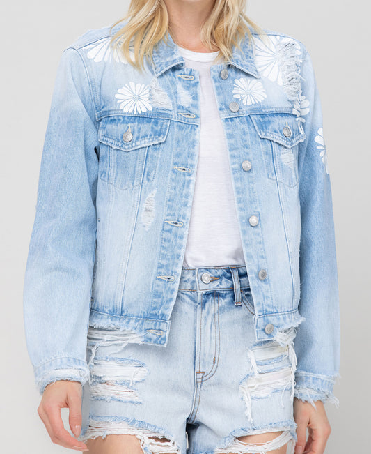 Front product images of Cotton Candy - Classic Crop Denim Jacket W Flower Laser Print