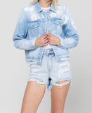 Front product images of Cotton Candy - Classic Crop Denim Jacket W Flower Laser Print