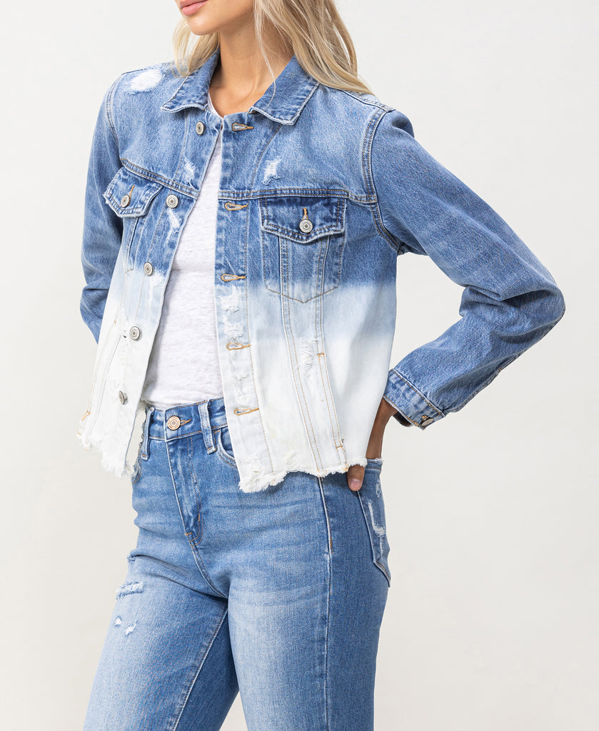 Left 45 degrees product image of Tidal Waves - Stretch Classic Crop Denim Jacket with Bottom Detail