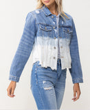 Right 45 degrees product image of Tidal Waves - Stretch Classic Crop Denim Jacket with Bottom Detail