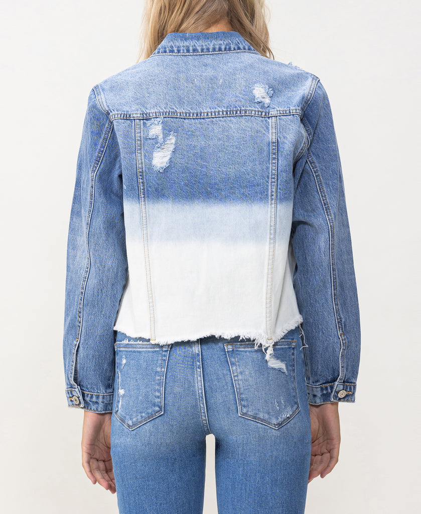 Back product images of Tidal Waves - Stretch Classic Crop Denim Jacket with Bottom Detail