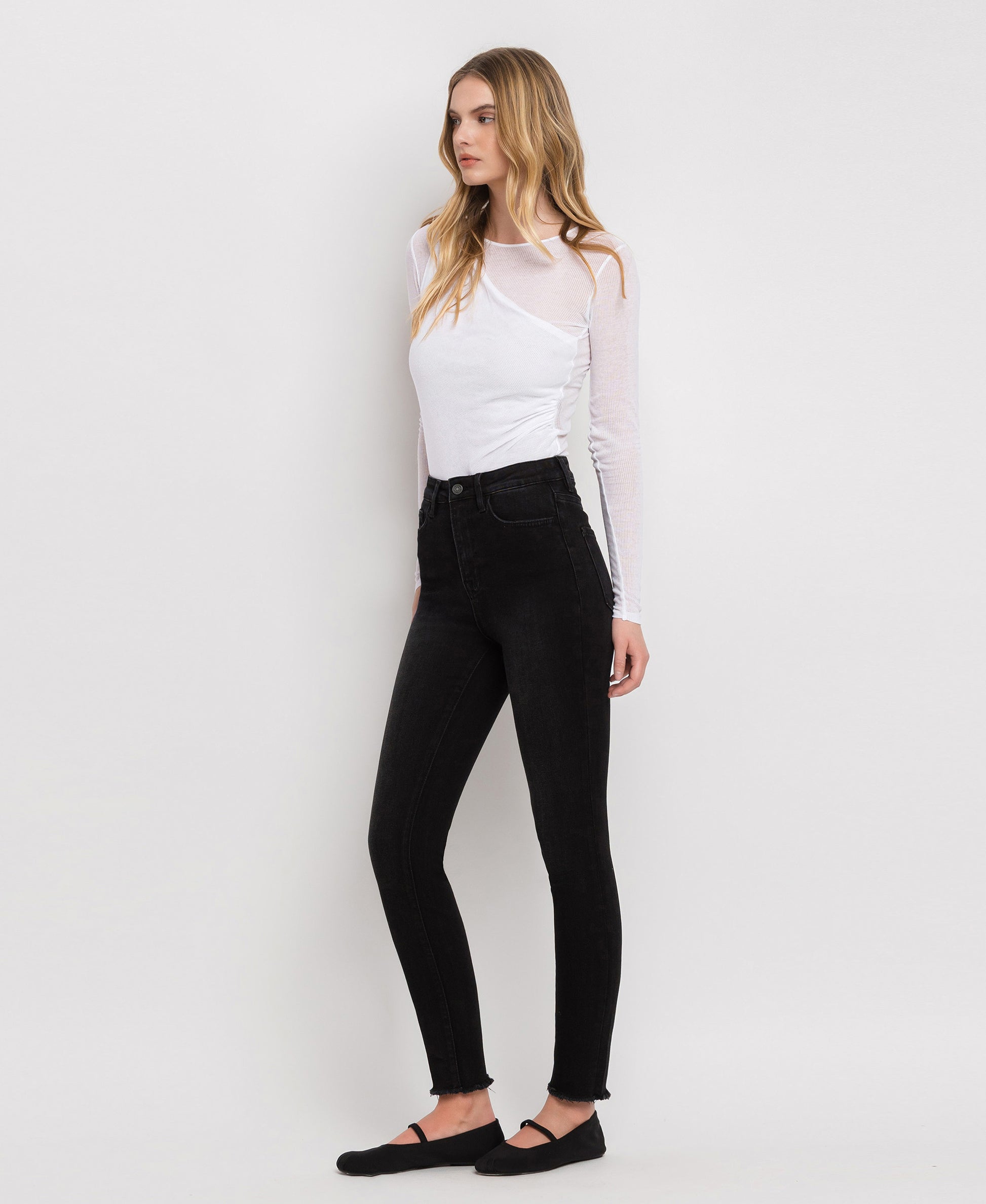 Left 45 degrees product image of Washed Black - Super High Rise Ankle Skinny Jeans