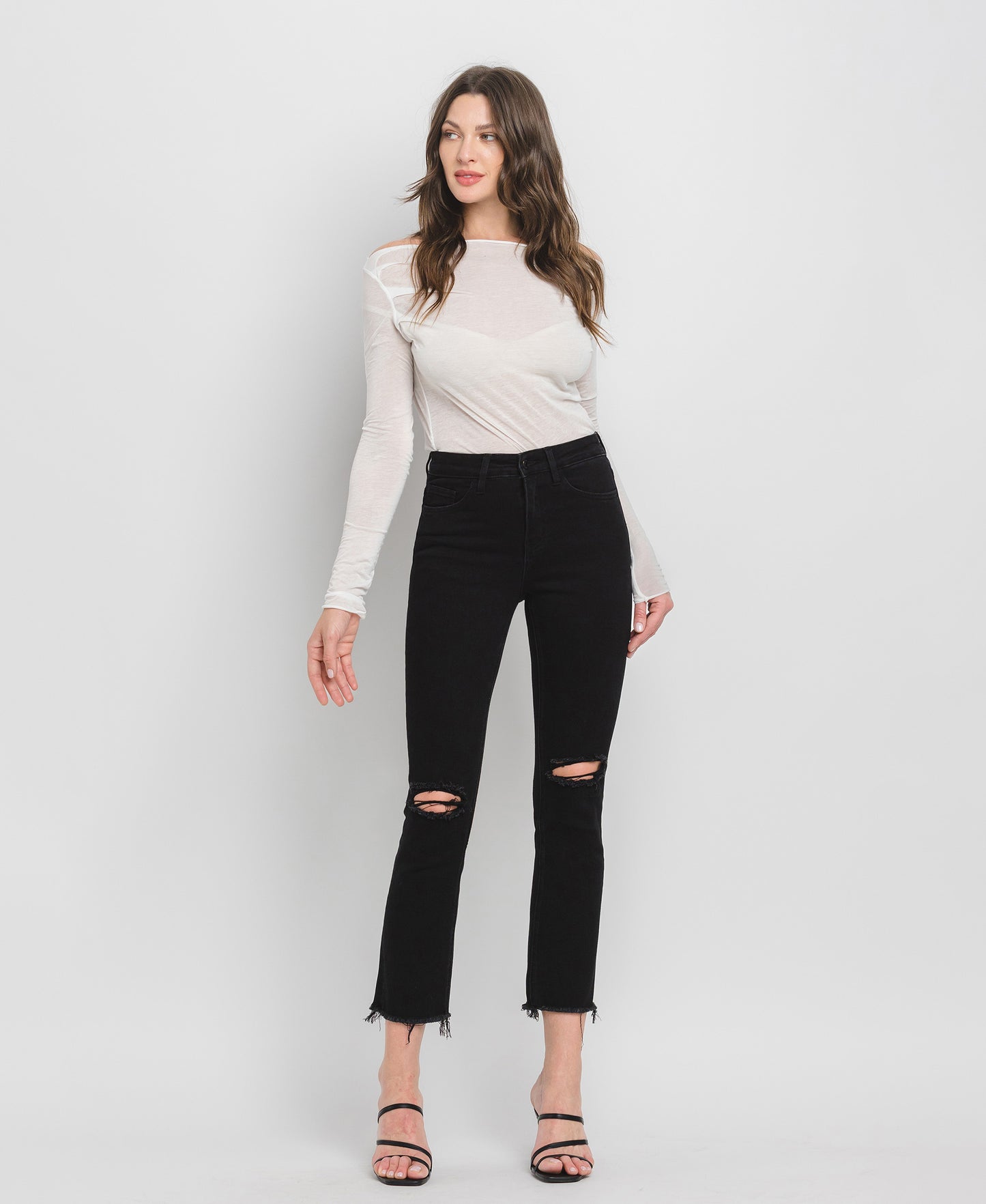 Front product images of Black - High Rise Raw Hem Cropped Straight Jeans