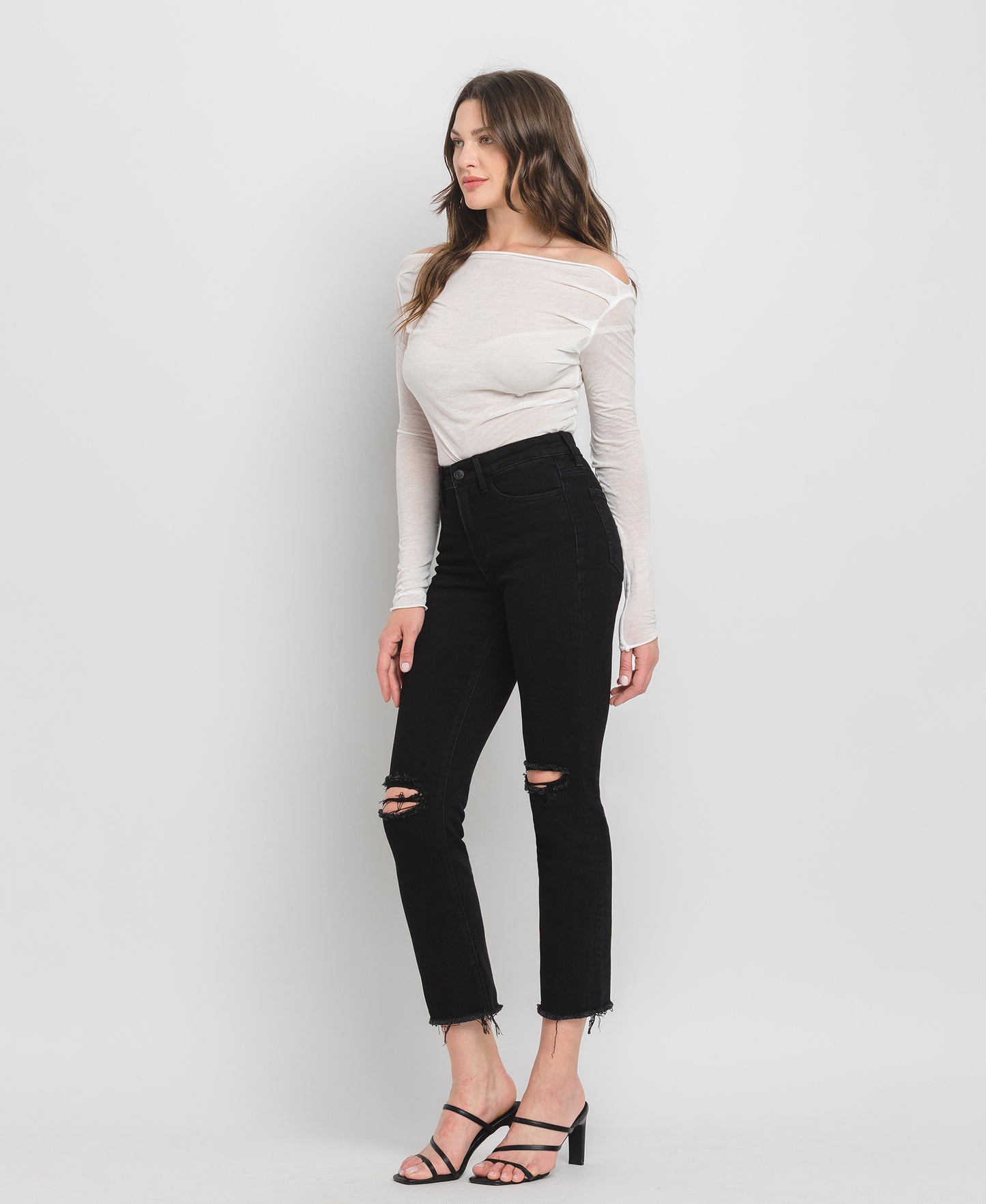 Left 45 degrees product image of Black - High Rise Raw Hem Cropped Straight Jeans