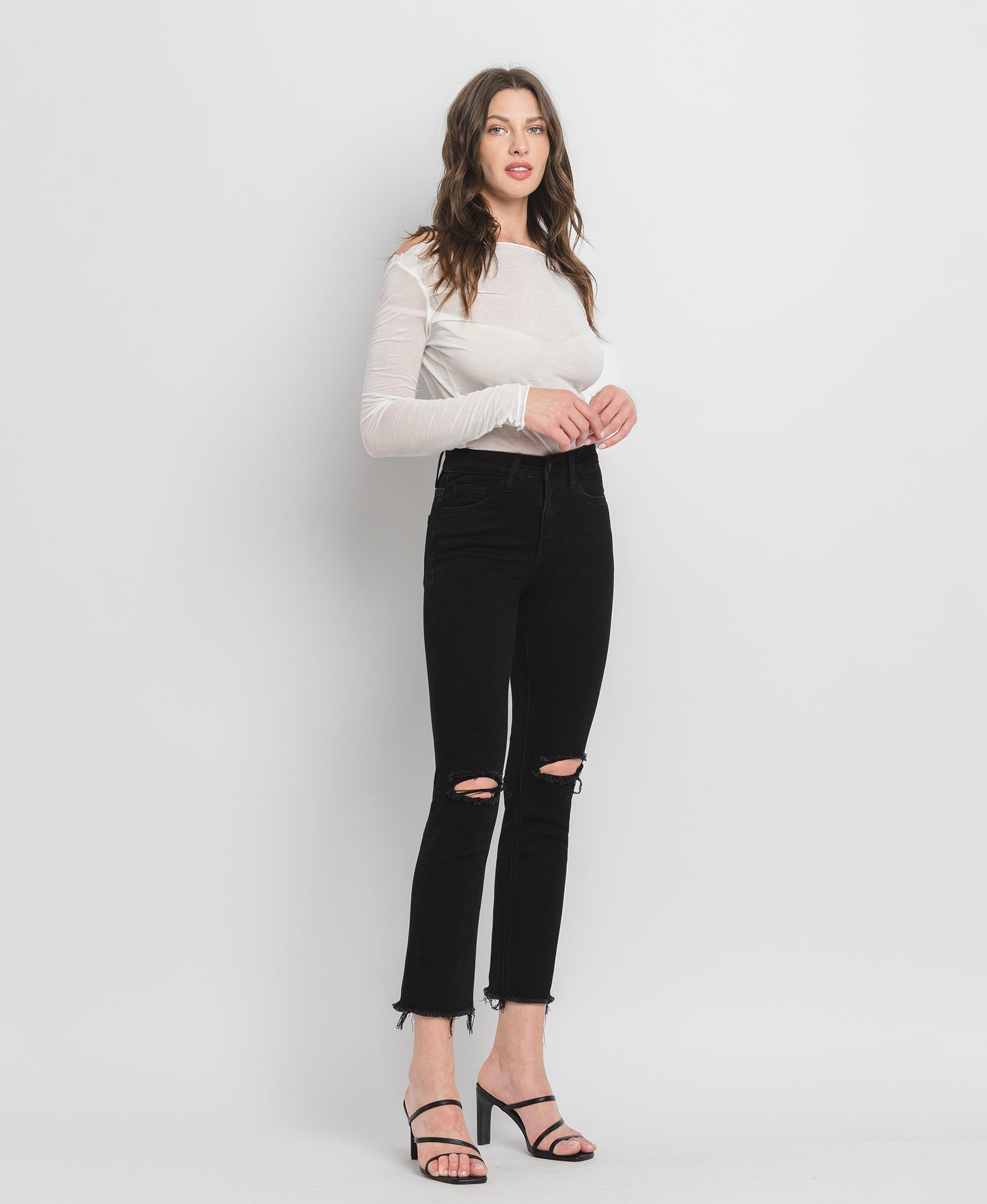 Right 45 degrees product image of Black - High Rise Raw Hem Cropped Straight Jeans