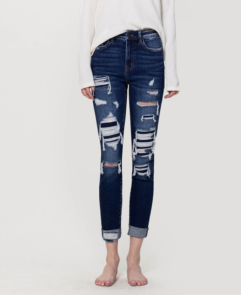 Front product images of Forget - Distressed High Rise Crop Skinny Jeans with Double Cuff