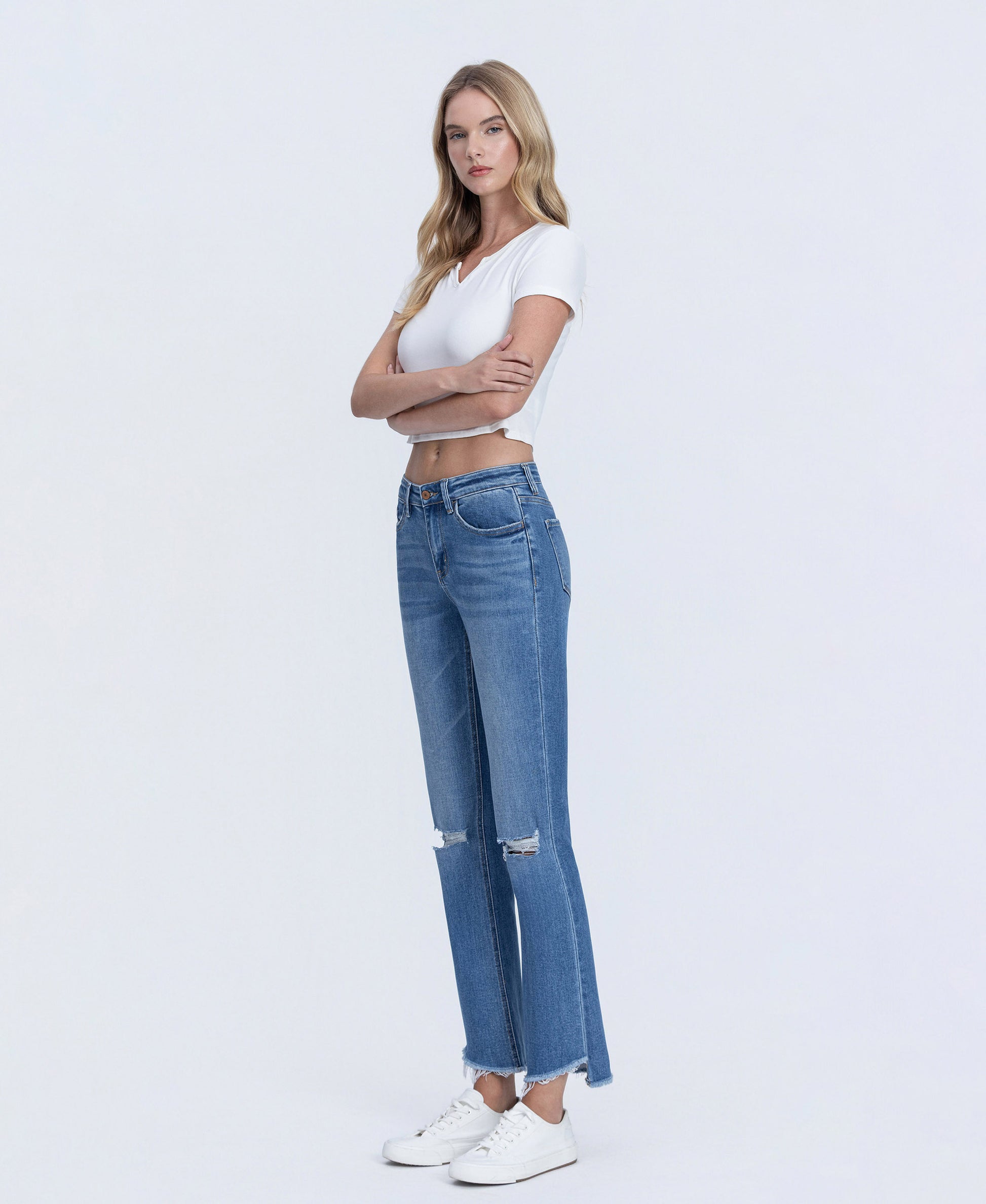 Left 45 degrees product image of Forget - Mid Rise Raw Step Hem Kick Flare Jeans