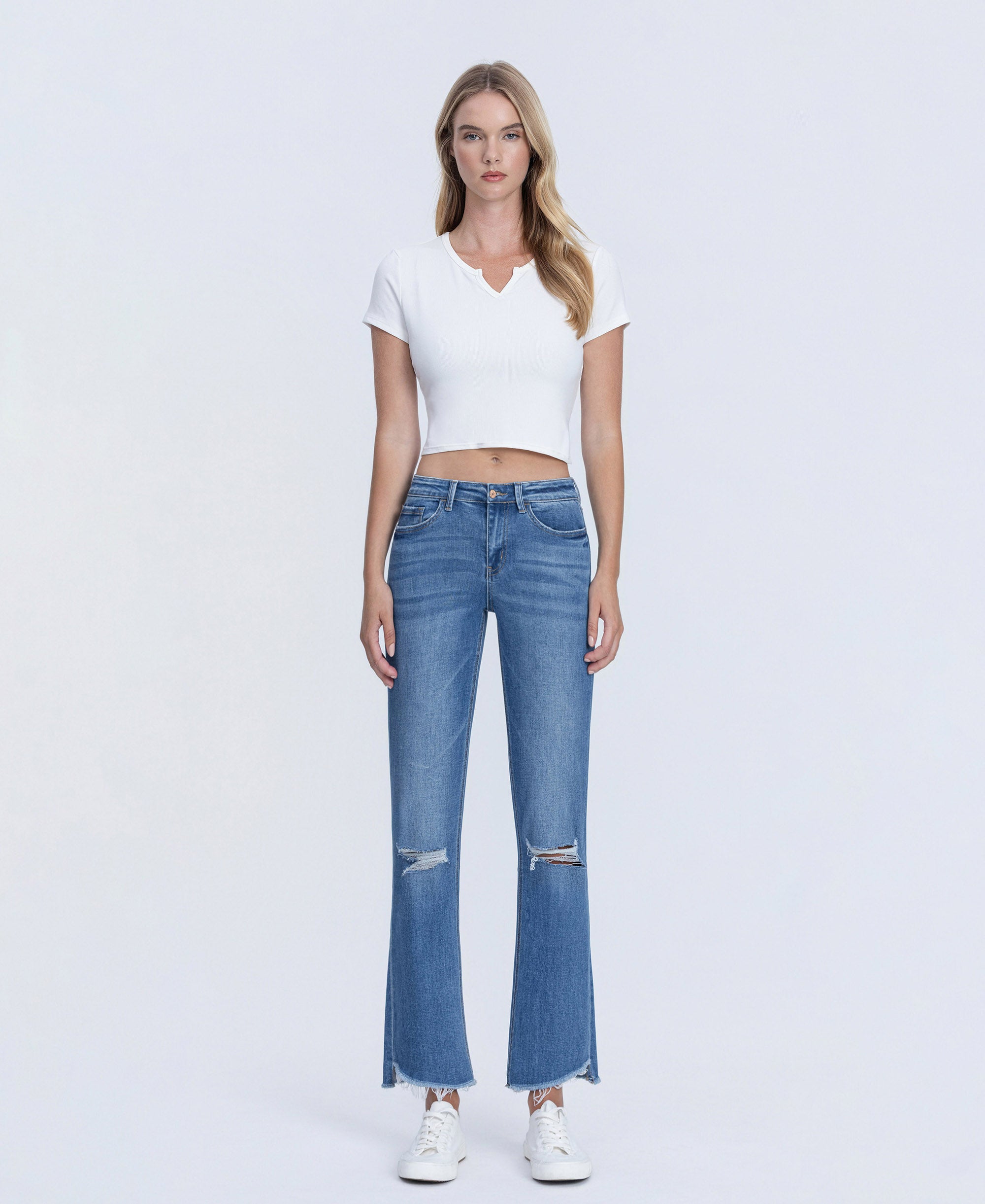VERVET Forget Mid Rise Raw Step Hem Kick Flare Jeans