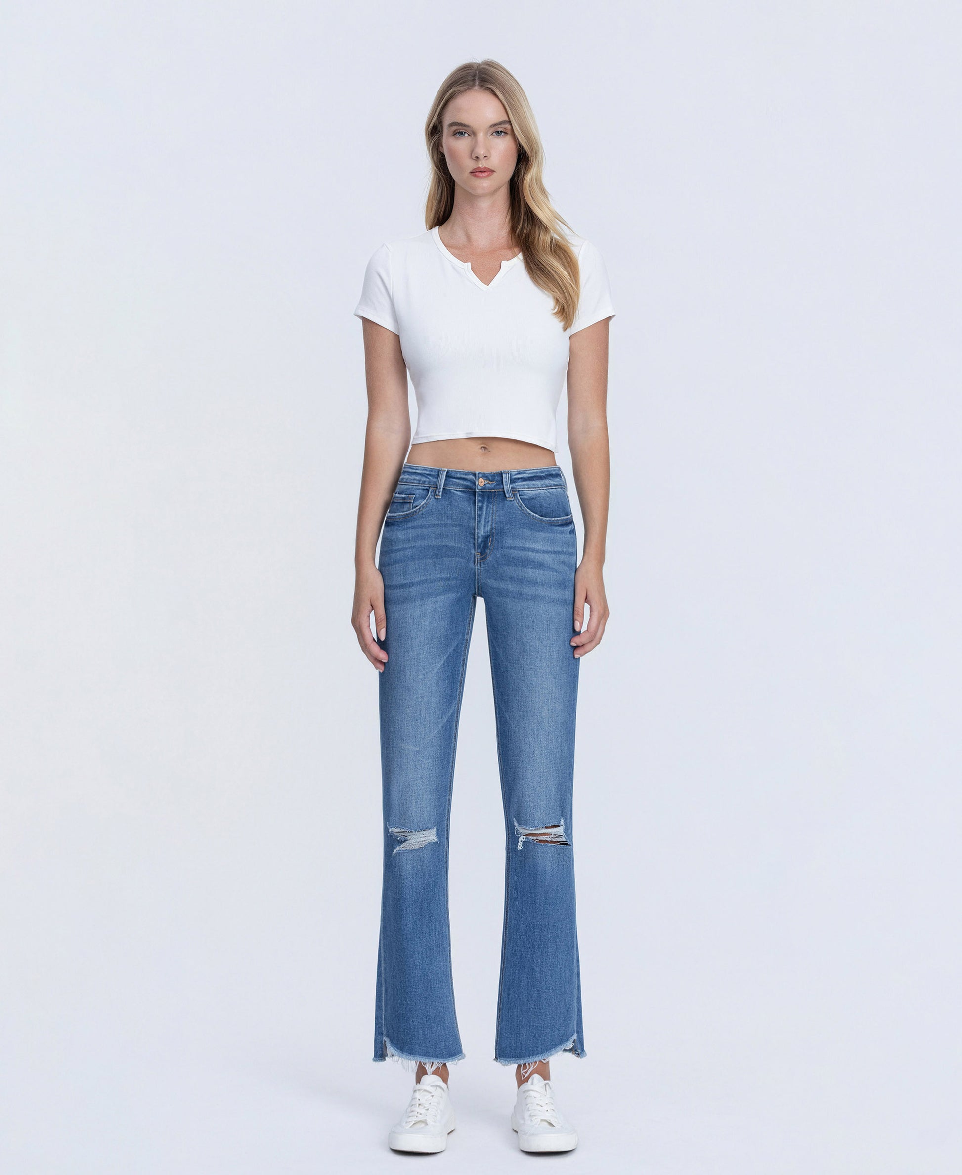 Front product images of Forget - Mid Rise Raw Step Hem Kick Flare Jeans