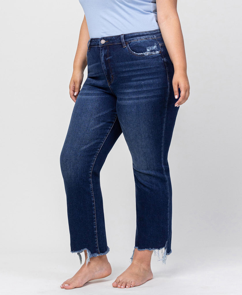 Left 45 degrees product image of Chemical Mood - Plus Super High Rise Ankle Flare Jeans with Uneven Frayed Hem Detail