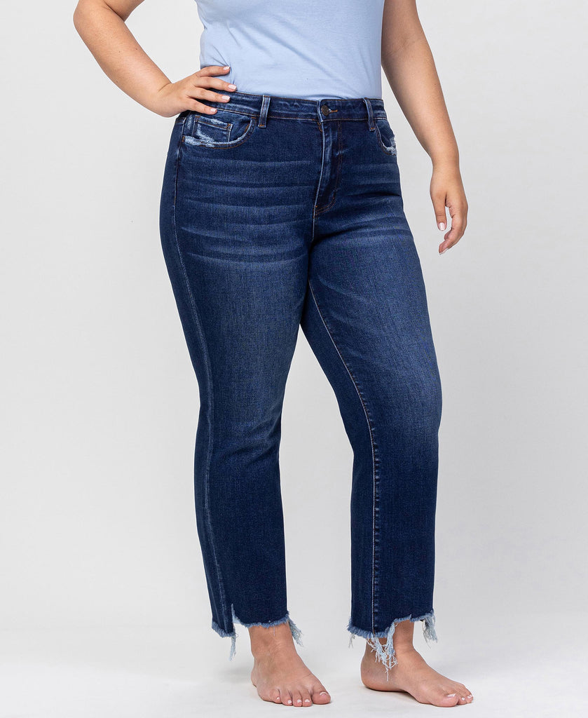 Right 45 degrees product image of Chemical Mood - Plus Super High Rise Ankle Flare Jeans with Uneven Frayed Hem Detail