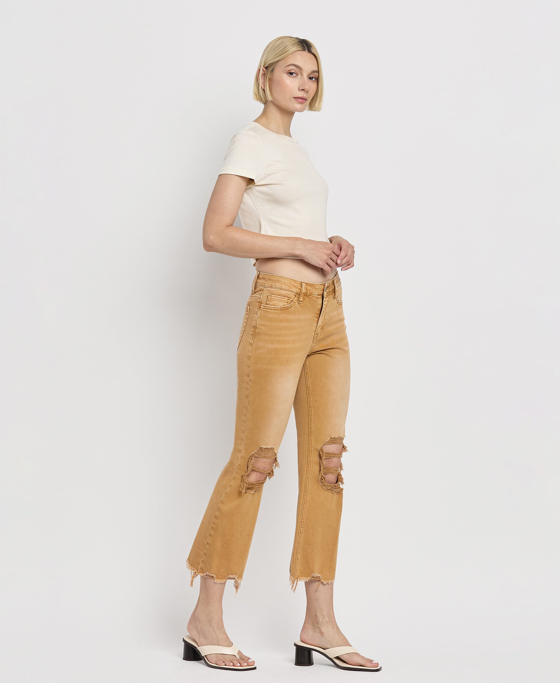 Right 45 degrees product image of Army Khaki - Vintage High Rise Cropped Flare Jeans.