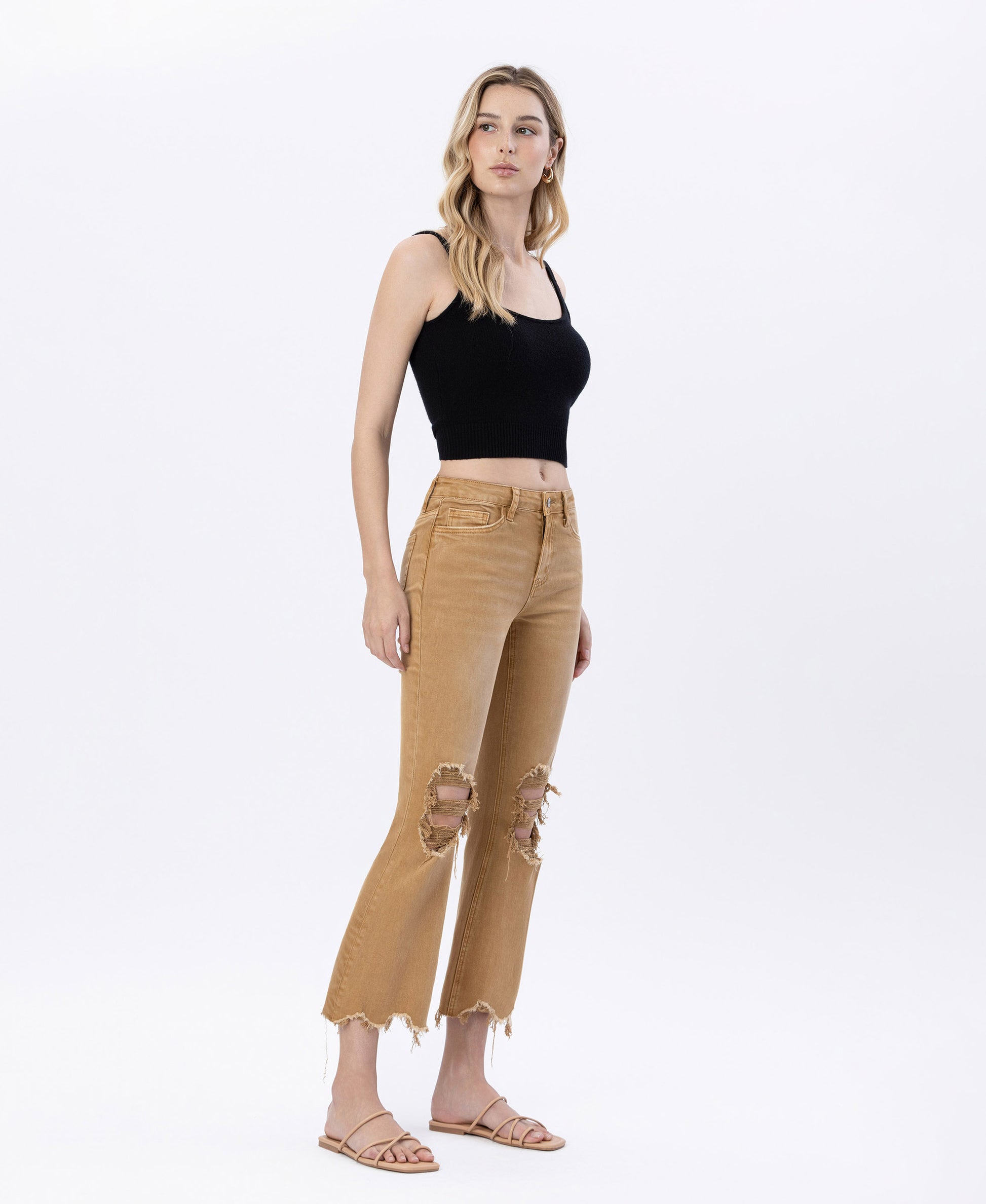 Right 45 degrees product image of Army Khaki - Vintage High Rise Cropped Flare Jeans.