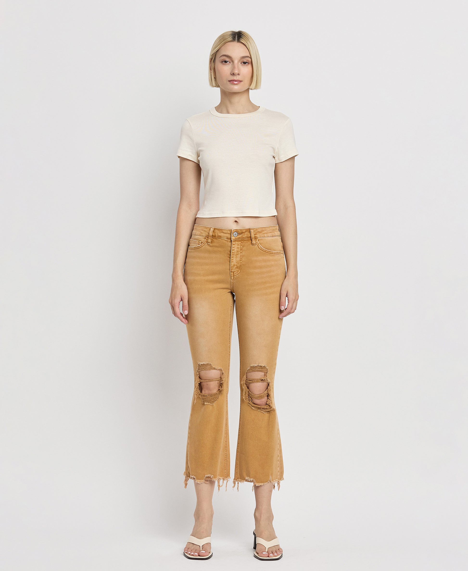 Front product images of Army Khaki - Vintage High Rise Cropped Flare Jeans.