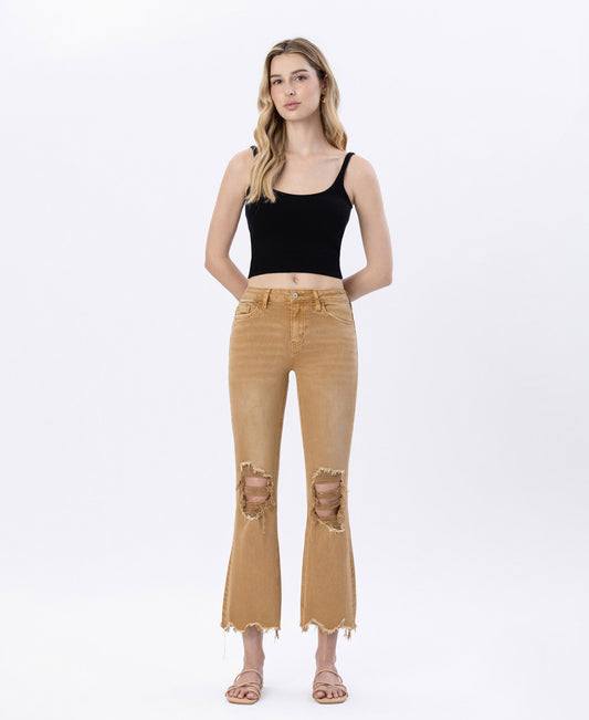 Front product images of Army Khaki - Vintage High Rise Cropped Flare Jeans.