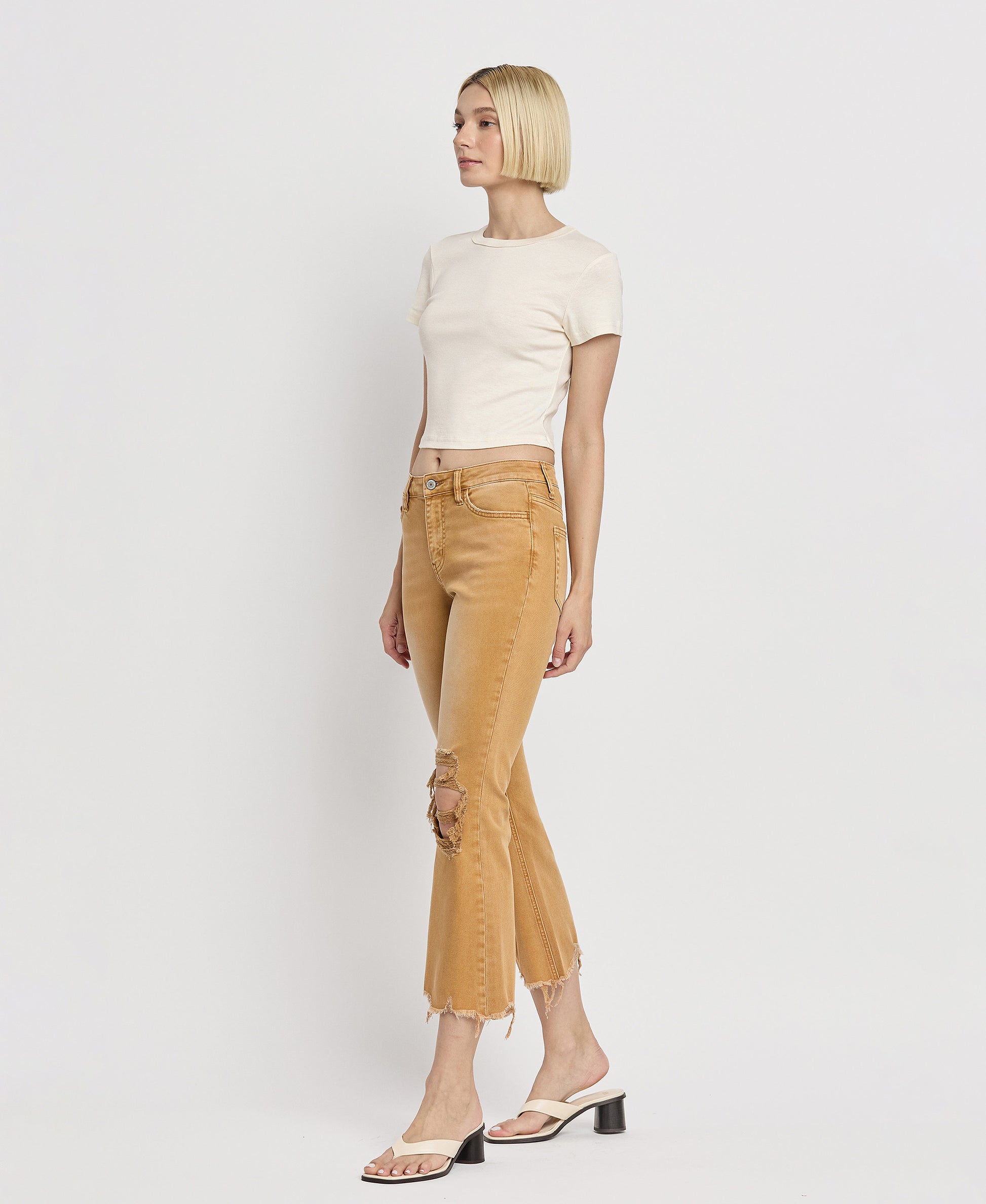 Left 45 degrees product image of Army Khaki - Vintage High Rise Cropped Flare Jeans