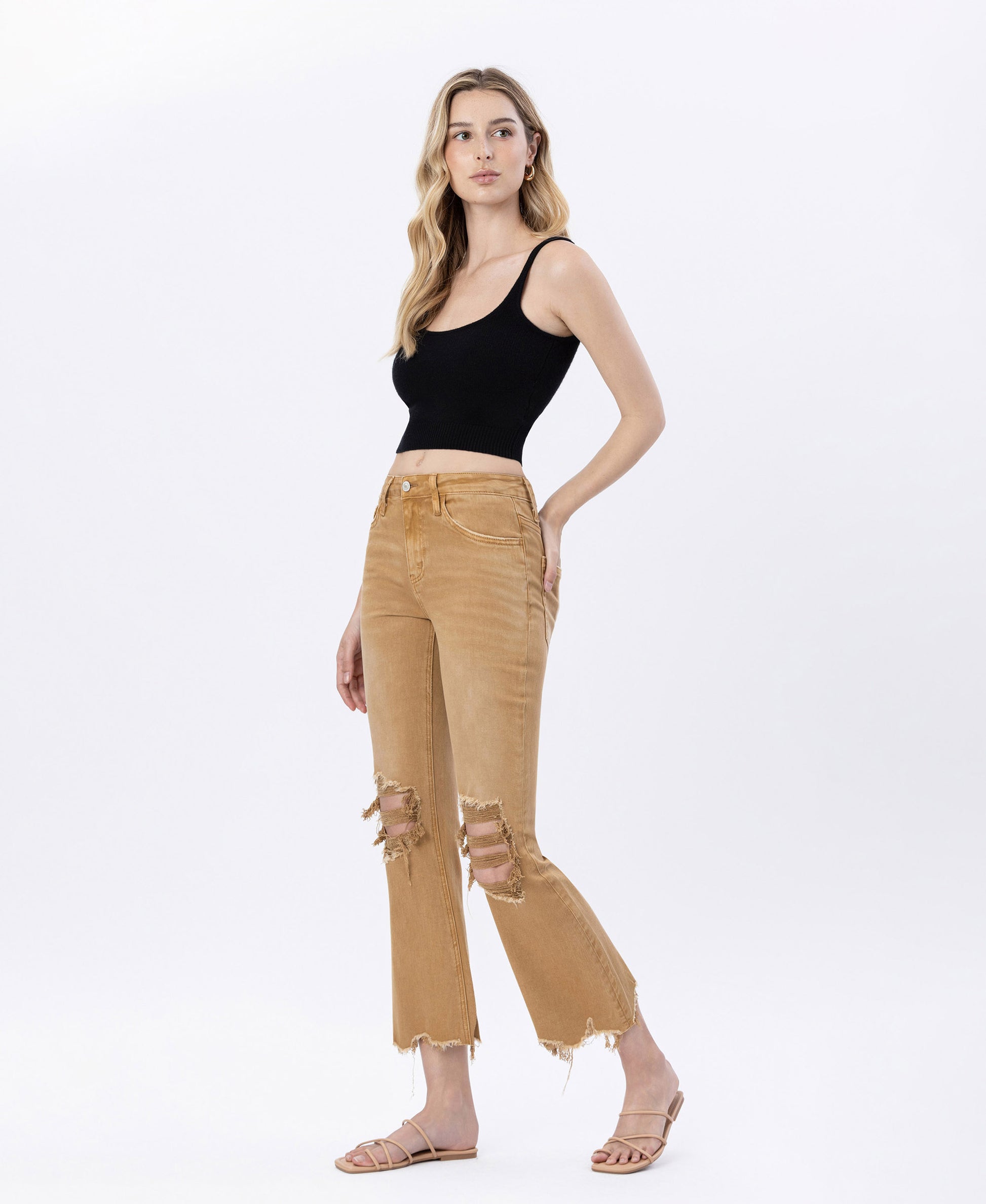 Left 45 degrees product image of Army Khaki - Vintage High Rise Cropped Flare Jeans