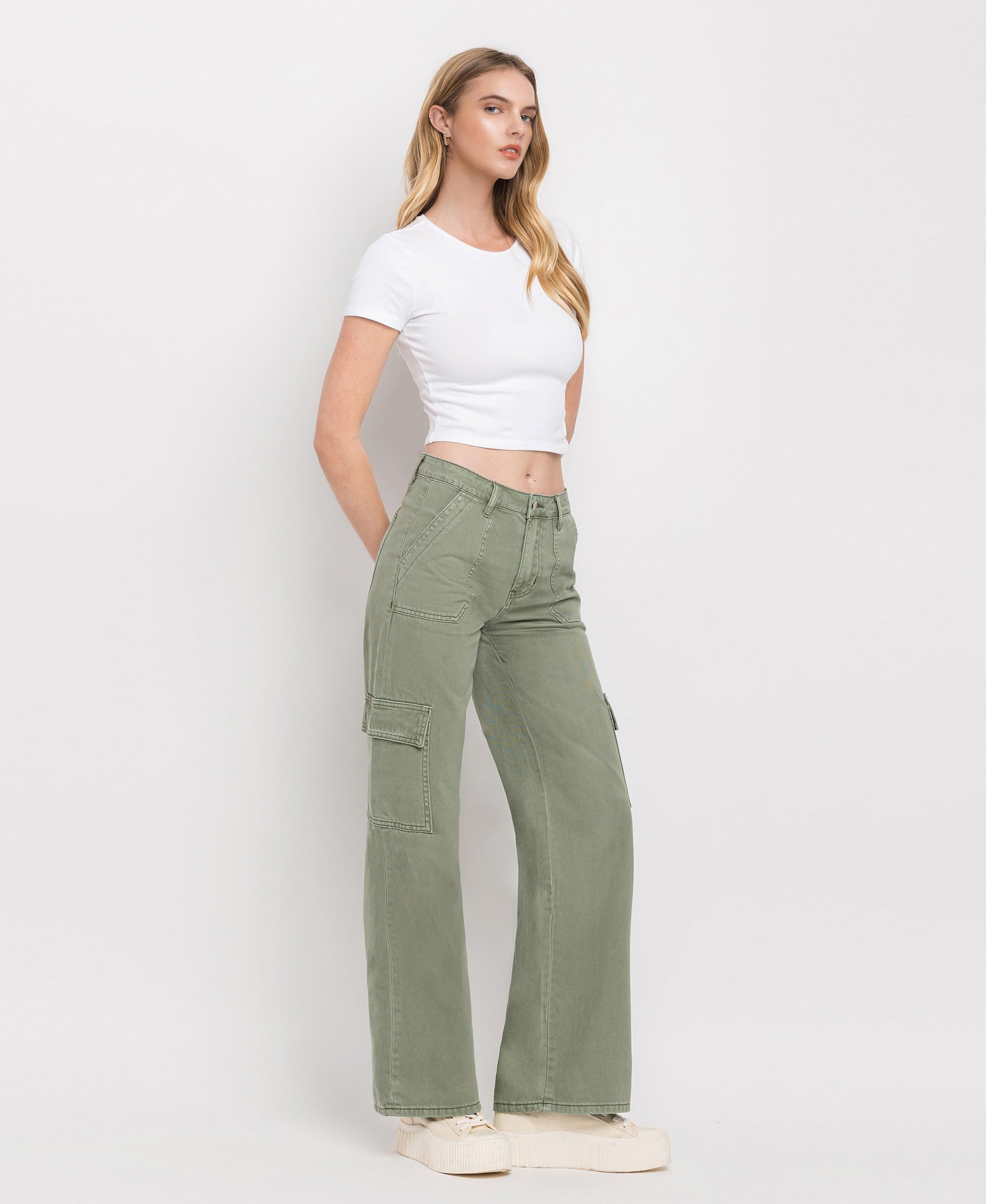 Army Green High Rise Utility Cargo Wide Leg Jeans