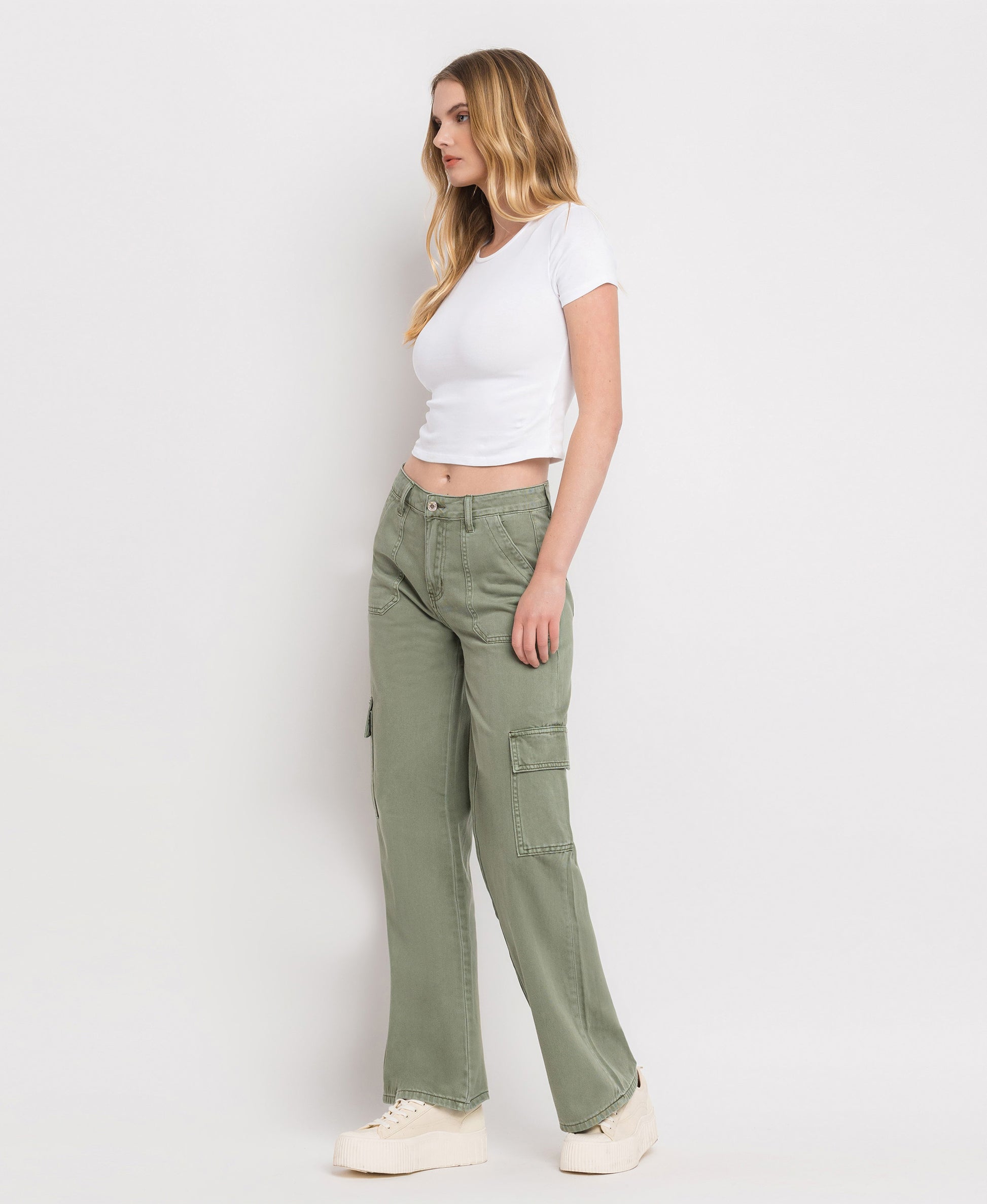 Left 45 degrees product image of Army Green - High Rise Utility Cargo Wide Leg Jeans