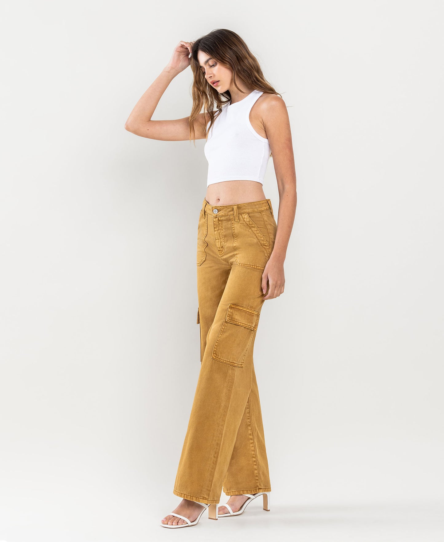 Left 45 degrees product image of Golden Brown - High Rise Utility Cargo Wide Jeans