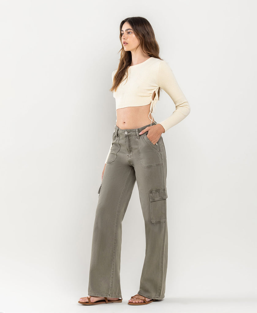 Left 45 degrees product image of Smokey Olive - High Rise Utility Cargo Wide Jeans