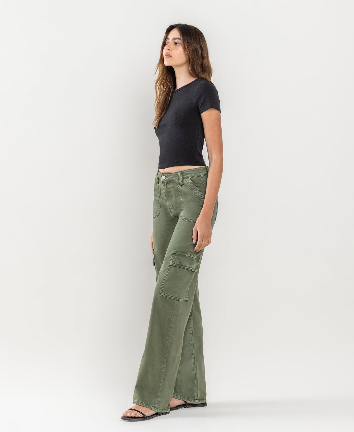 Left 45 degrees product image of Thyme - High Rise Utility Cargo Wide Leg Jeans