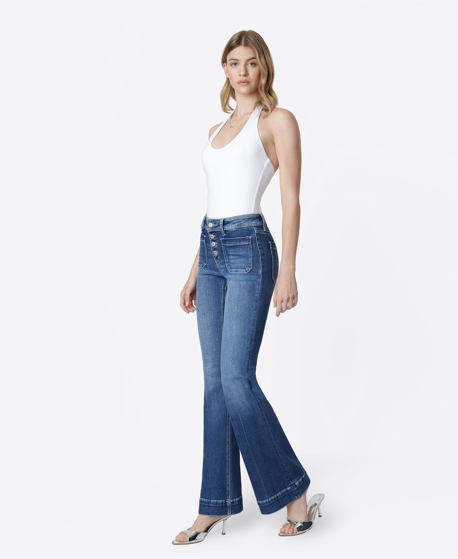 Left 45 degrees product image of Gleefully - Mid Rise Trouser Hem Flare Jeans