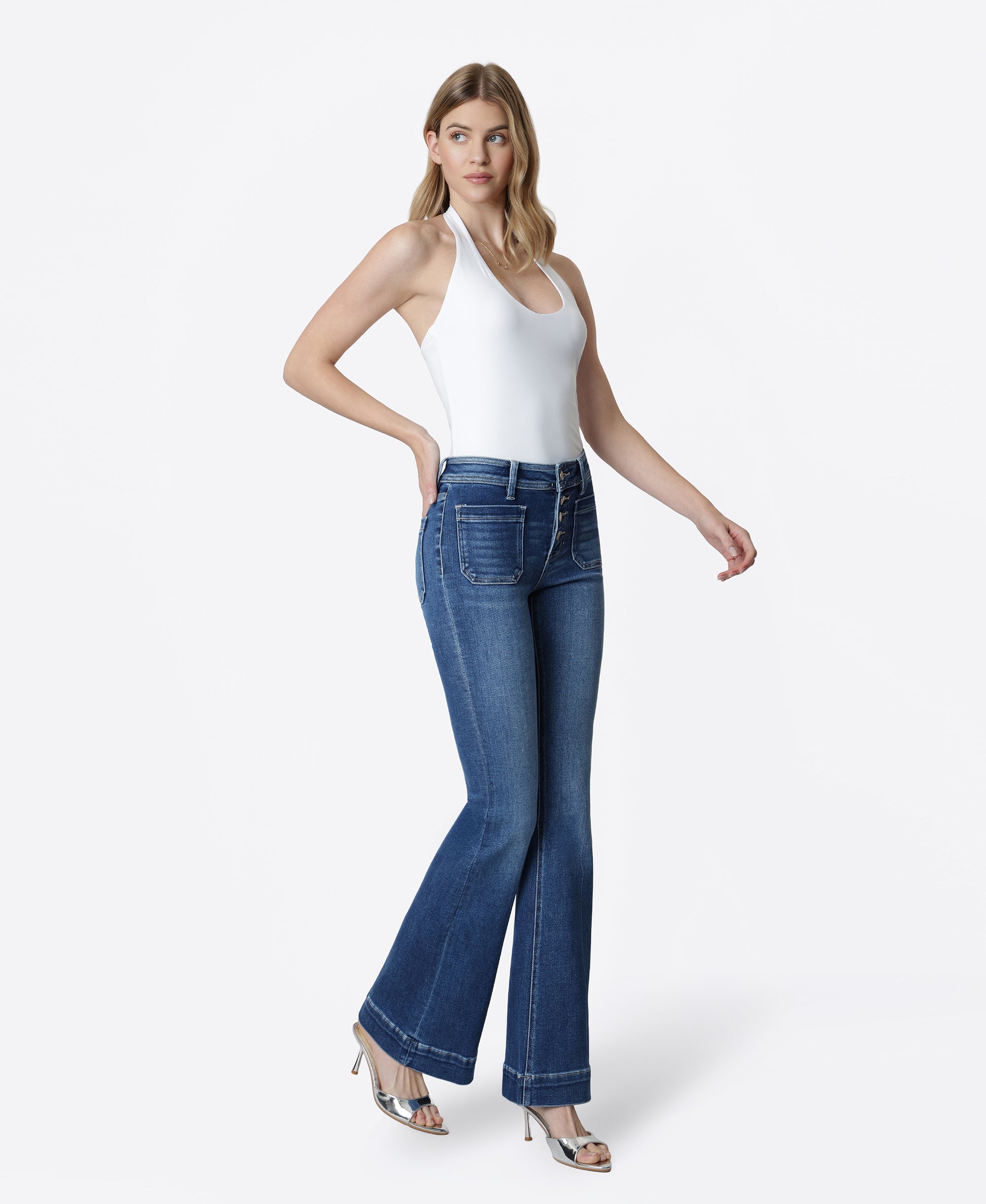 Right 45 degrees product image of Gleefully - Mid Rise Trouser Hem Flare Jeans
