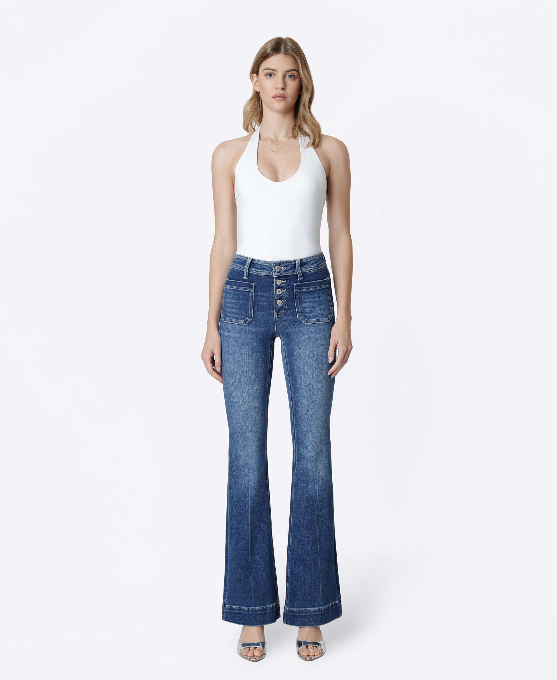 Front product images of Gleefully - Mid Rise Trouser Hem Flare Jeans