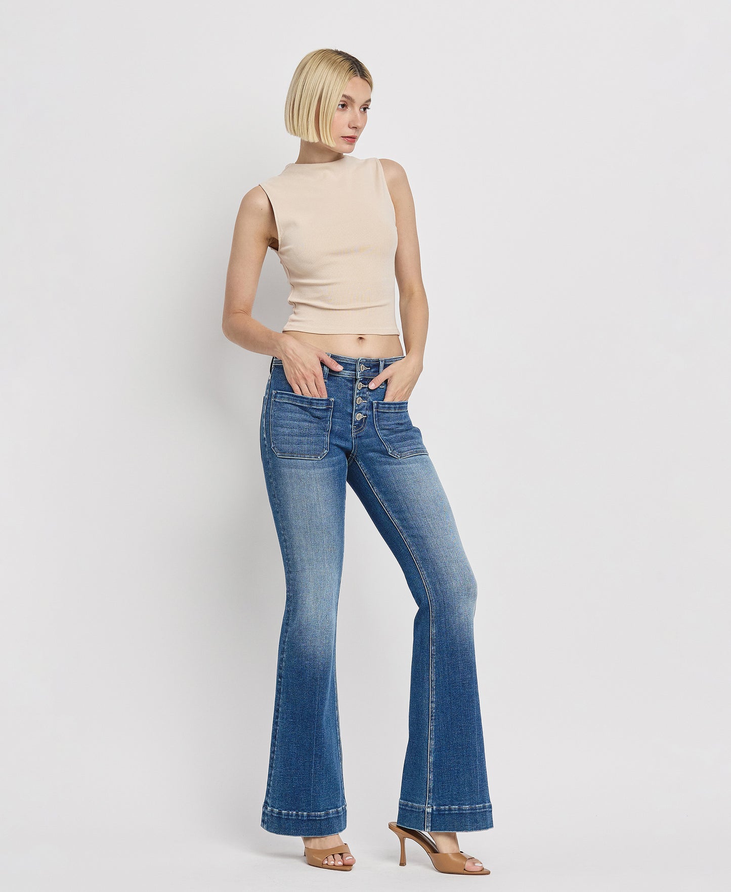 Right 45 degrees product image of Gleefully - Mid Rise Trouser Hem Flare Jeans