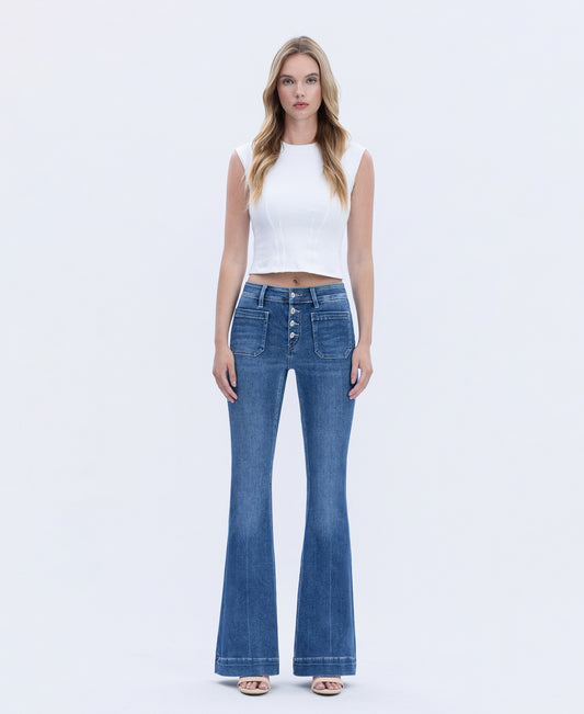 Front product images of Gleefully - Mid Rise Trouser Hem Flare Jeans
