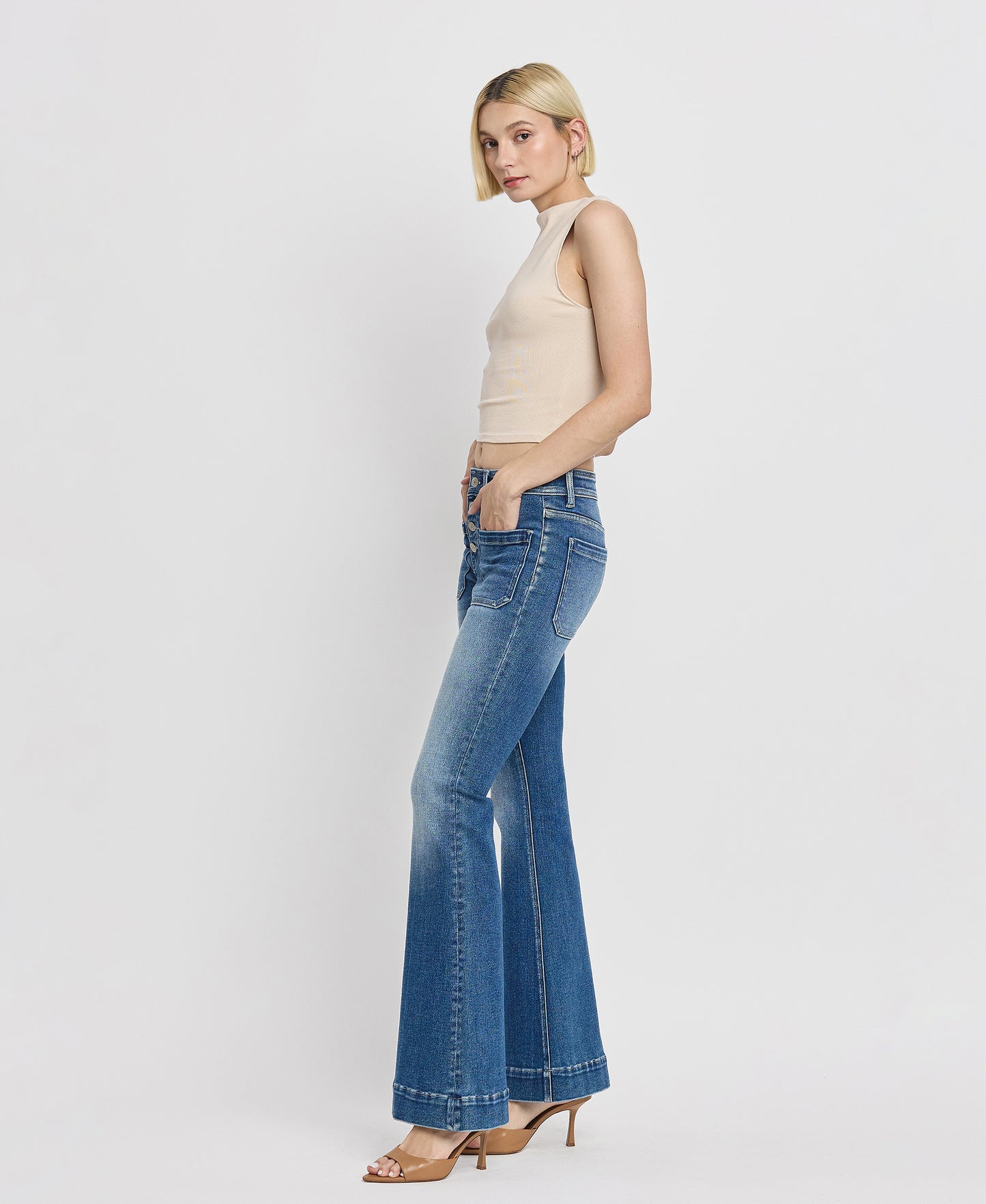 Left 45 degrees product image of Gleefully - Mid Rise Trouser Hem Flare Jeans