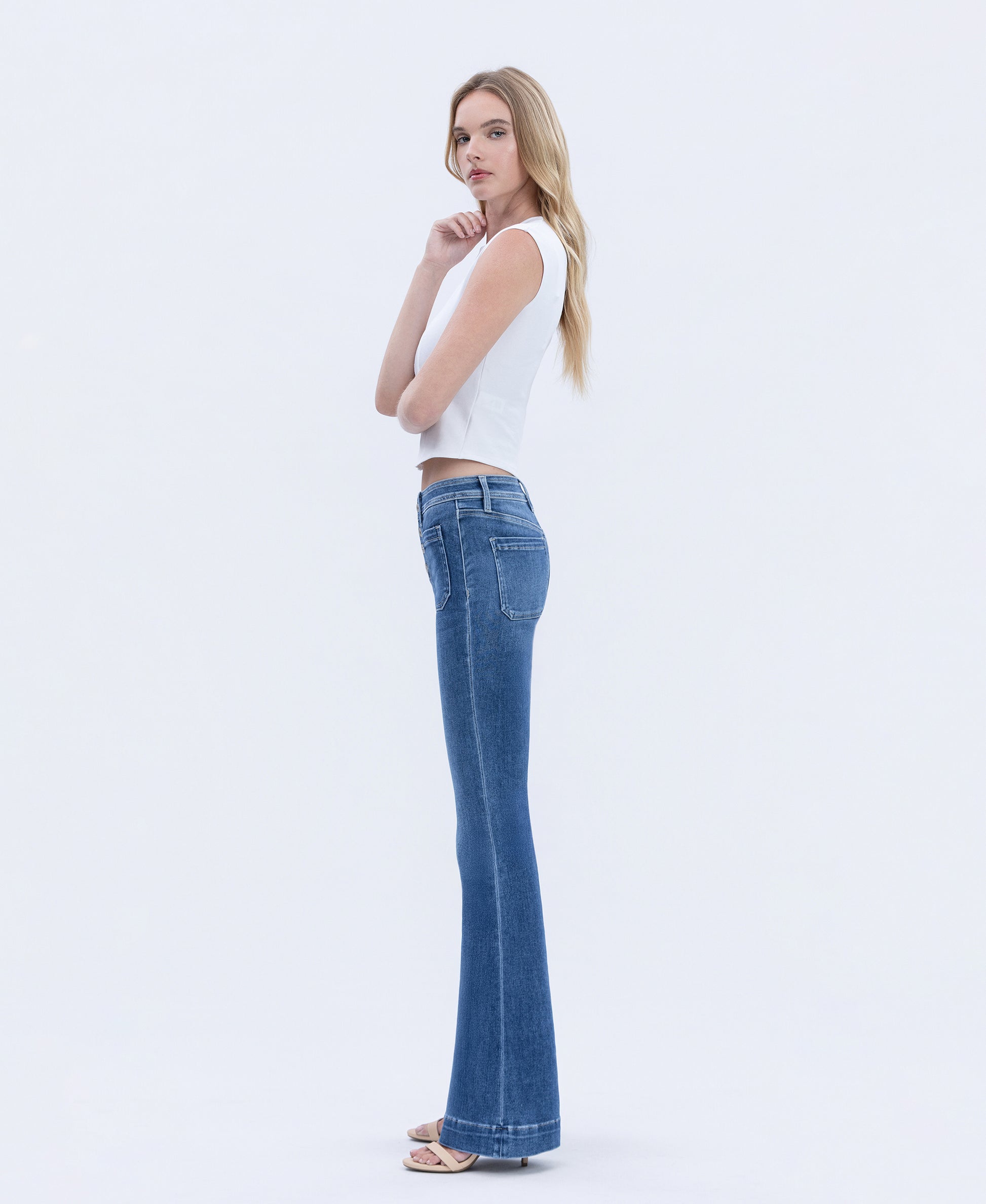 Left 45 degrees product image of Gleefully - Mid Rise Trouser Hem Flare Jeans
