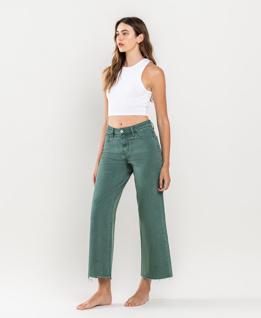 Left 45 degrees product image of Mallard Green - High Rise Crop Wide Leg Jeans