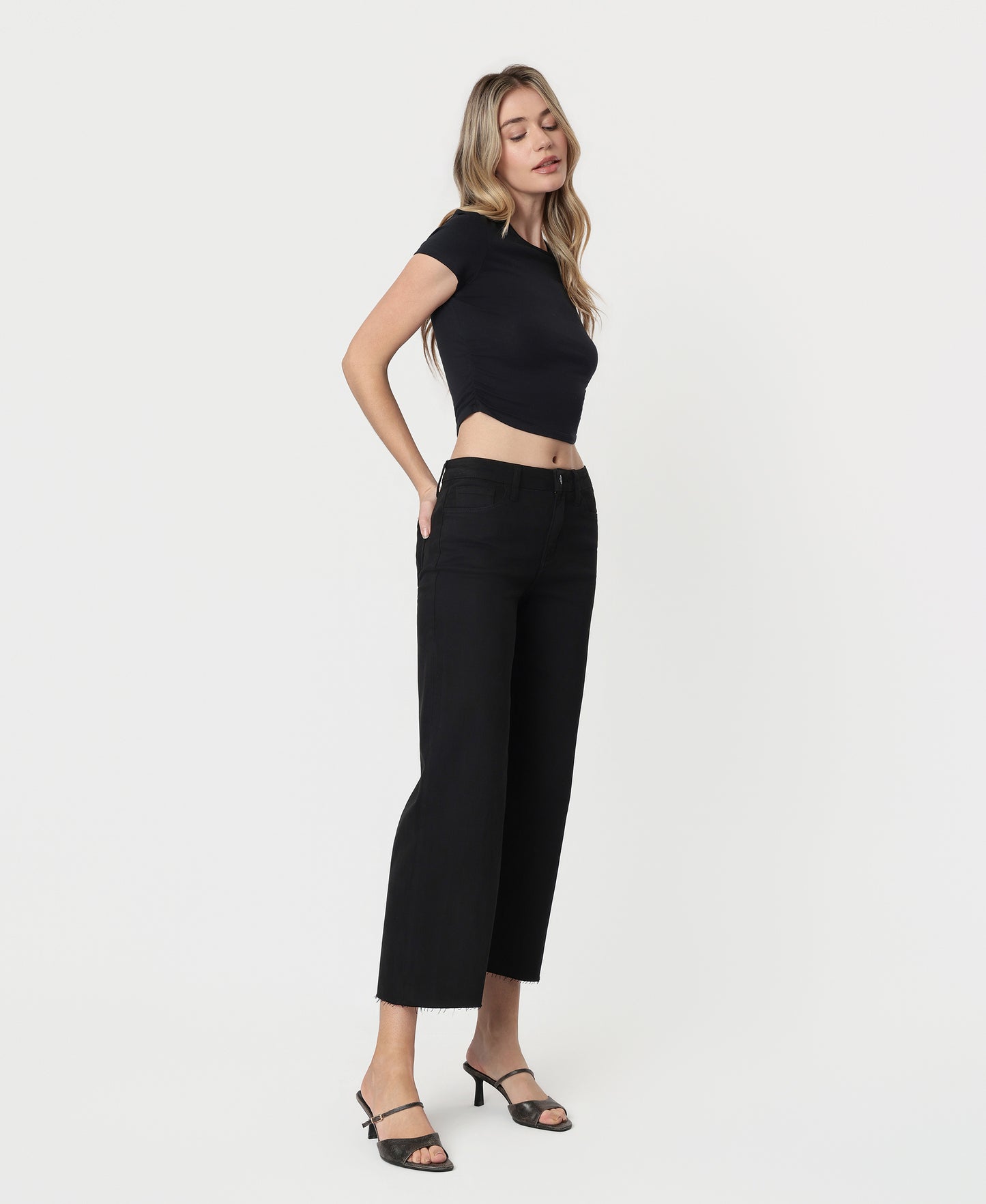 Right 45 degrees product image of Black - High Rise Crop Wide Leg Jeans