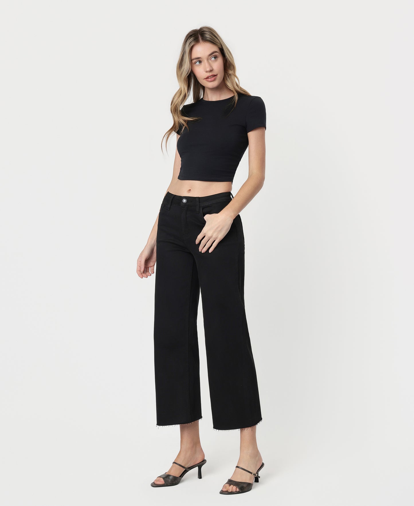 Left 45 degrees product image of Black - High Rise Crop Wide Leg Jeans