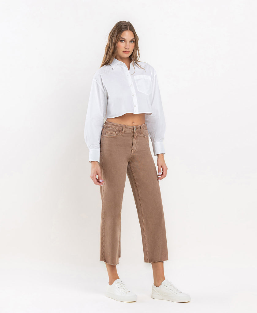 Right 45 degrees product image of Chocolate Malt - High Rise Crop Wide Leg Jeans