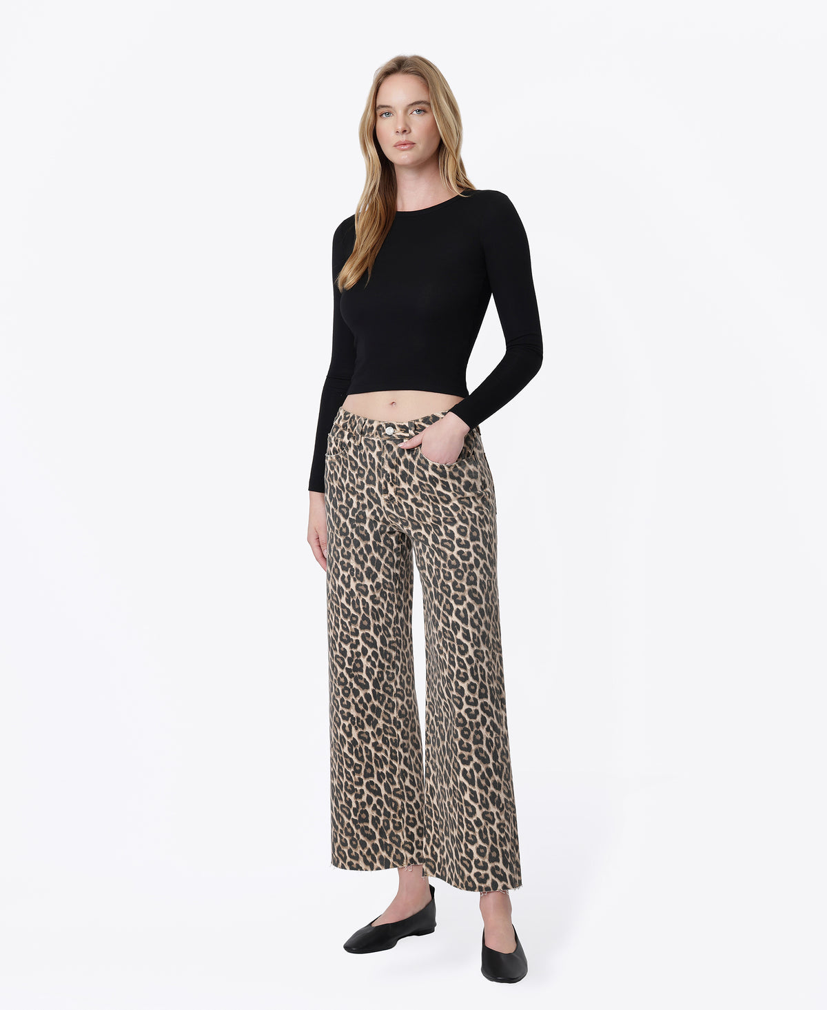 Left 45 degrees product image of Leopard - High Rise Animal Print Raw Hem Crop Wide Leg Jeans