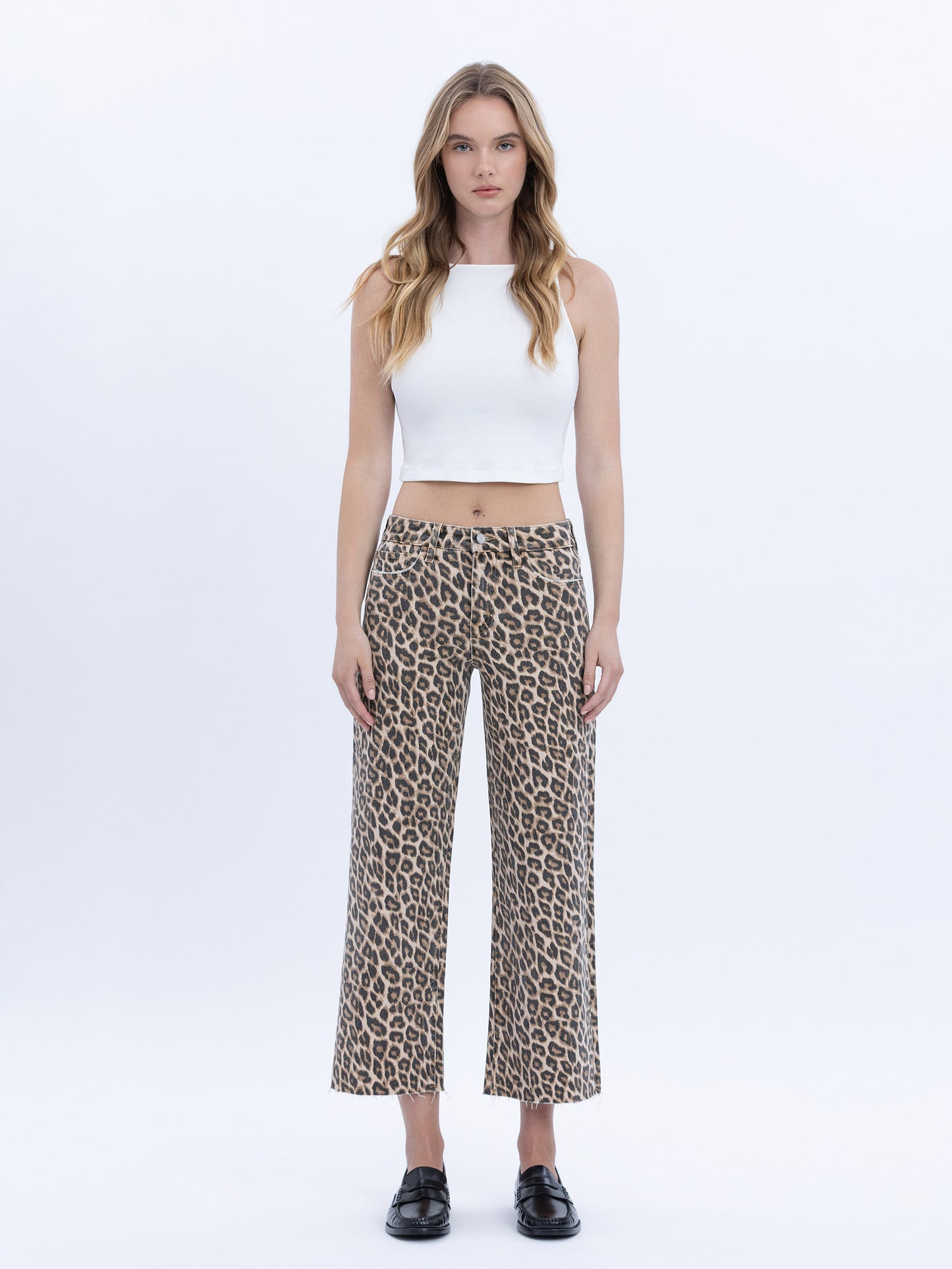 Front product images of Leopard - High Rise Animal Print Raw Hem Crop Wide Leg Jeans