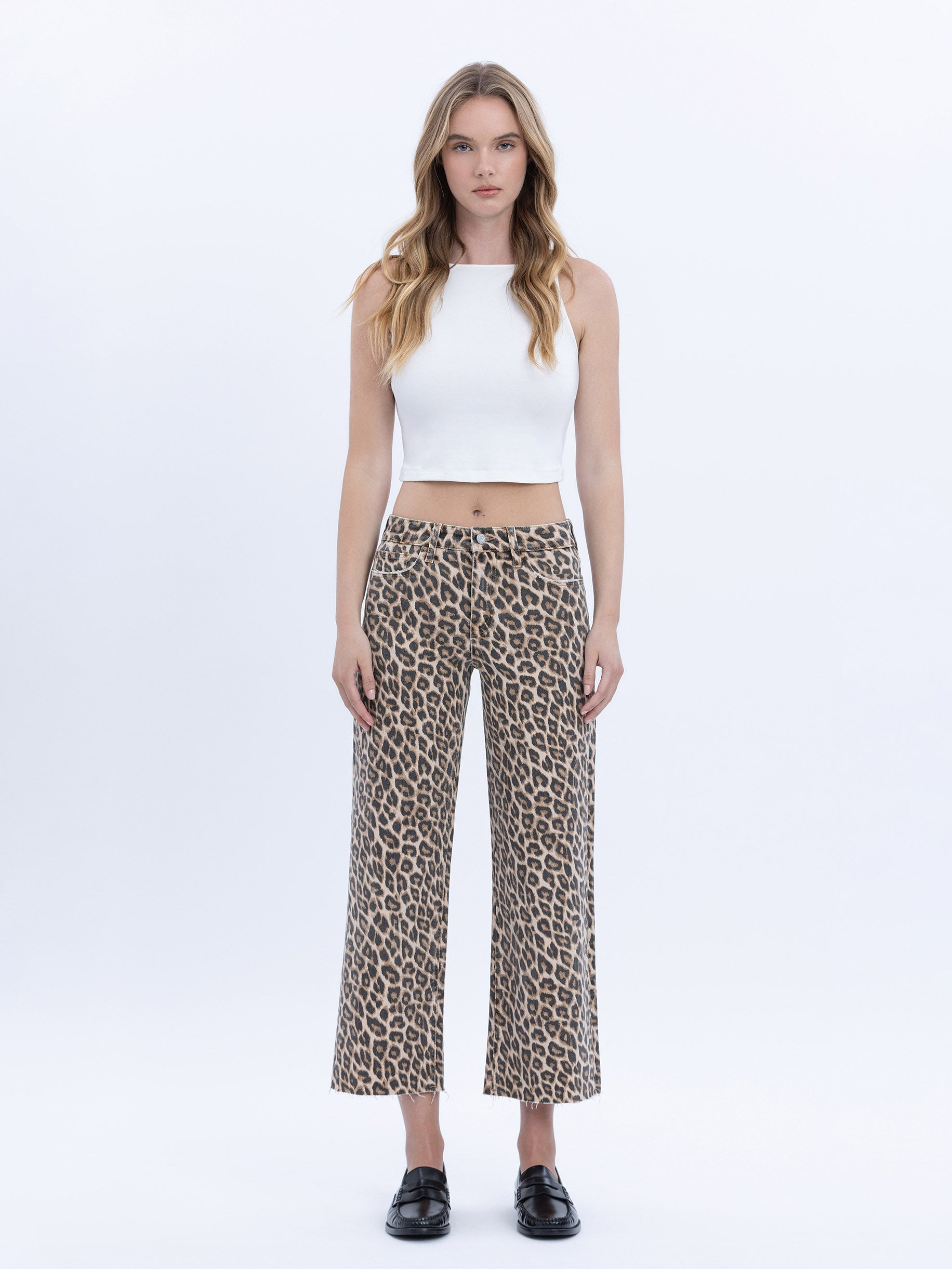 Front product images of Leopard - High Rise Animal Print Raw Hem Crop Wide Leg Jeans