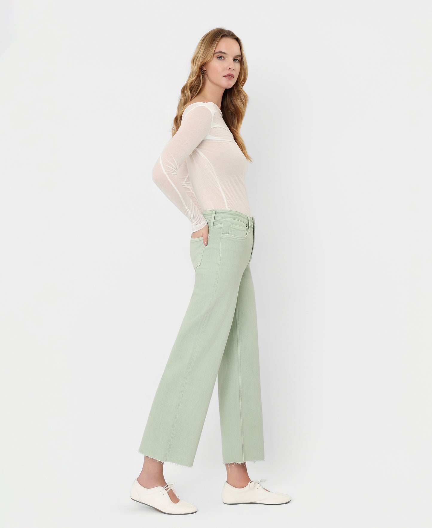 Right 45 degrees product image of Mint - High Rise Raw Hem Crop Wide Leg Jeans