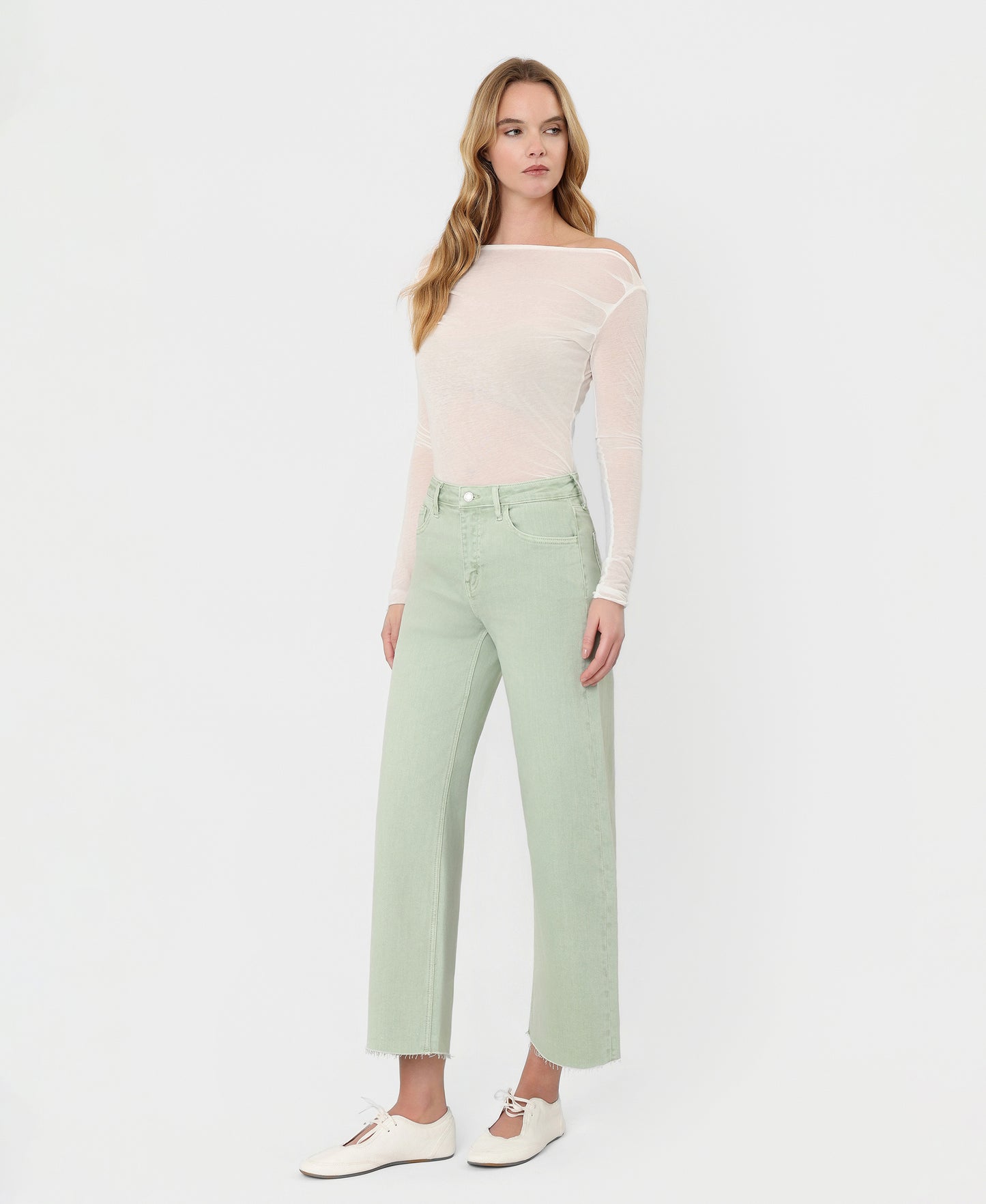 Left 45 degrees product image of Mint - High Rise Raw Hem Crop Wide Leg Jeans