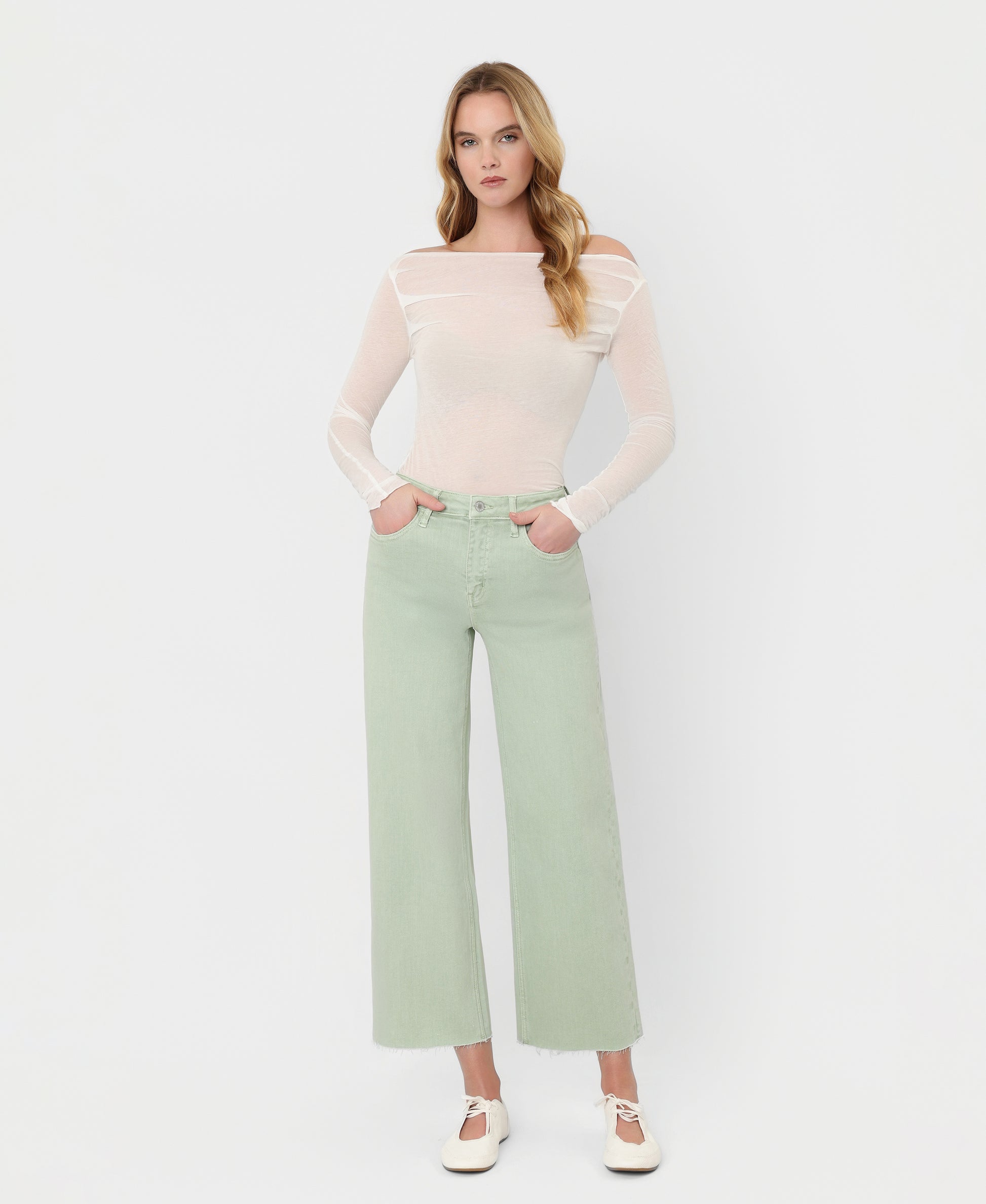 Front product images of Mint - High Rise Raw Hem Crop Wide Leg Jeans