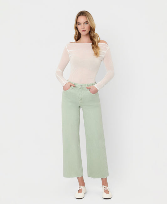 Front product images of Mint - High Rise Raw Hem Crop Wide Leg Jeans