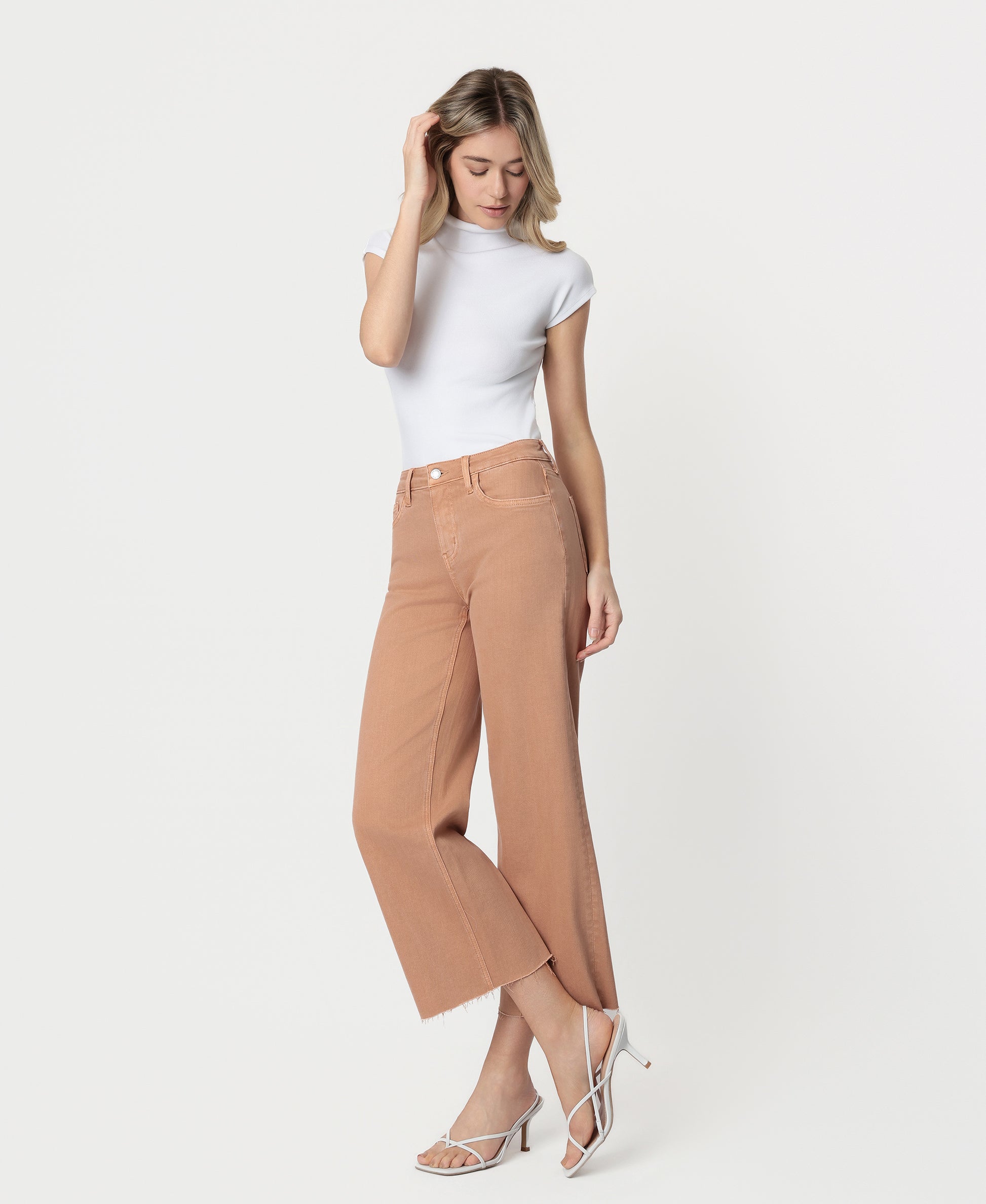Left 45 degrees product image of Mocha - High Rise Raw Hem Crop Wide Leg Jeans