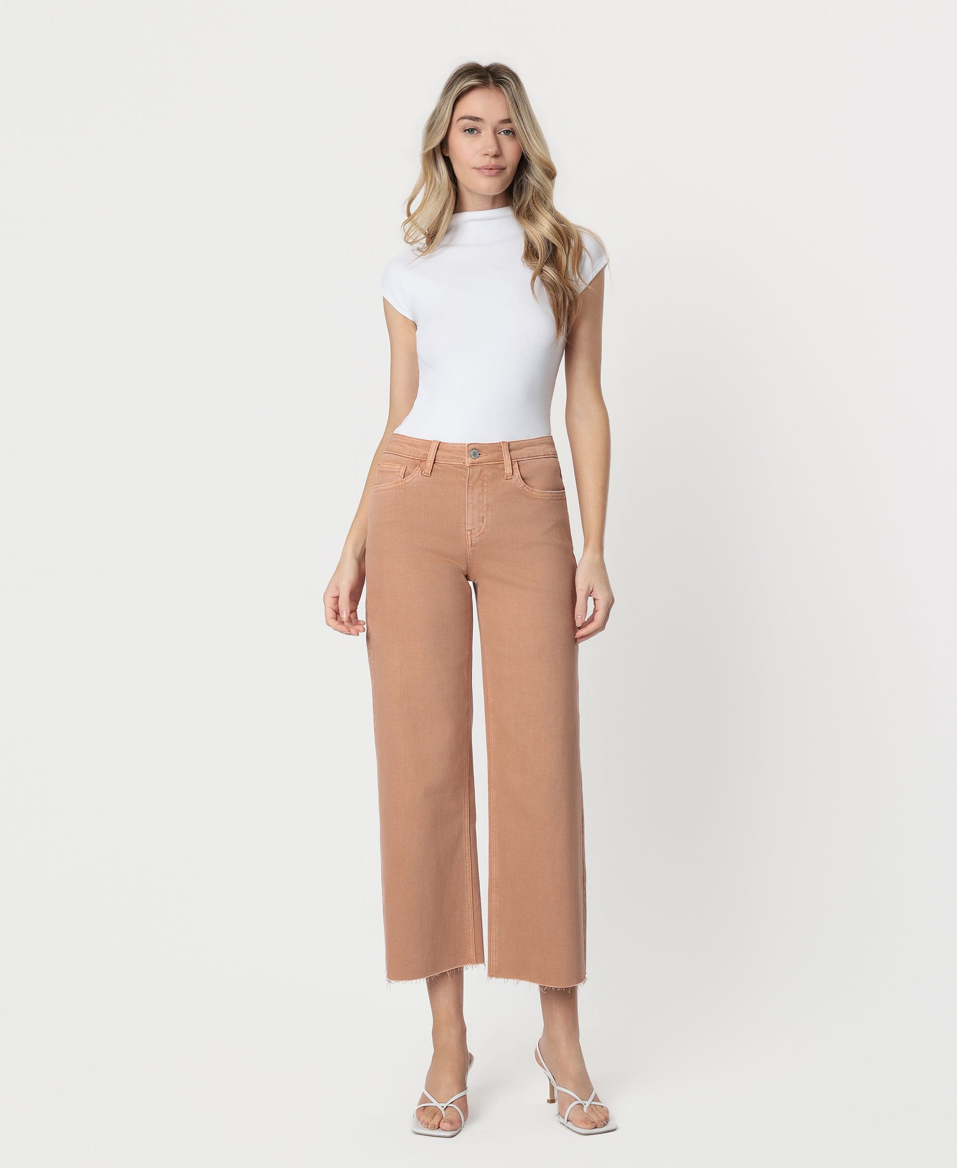 Front product images of Mocha - High Rise Raw Hem Crop Wide Leg Jeans
