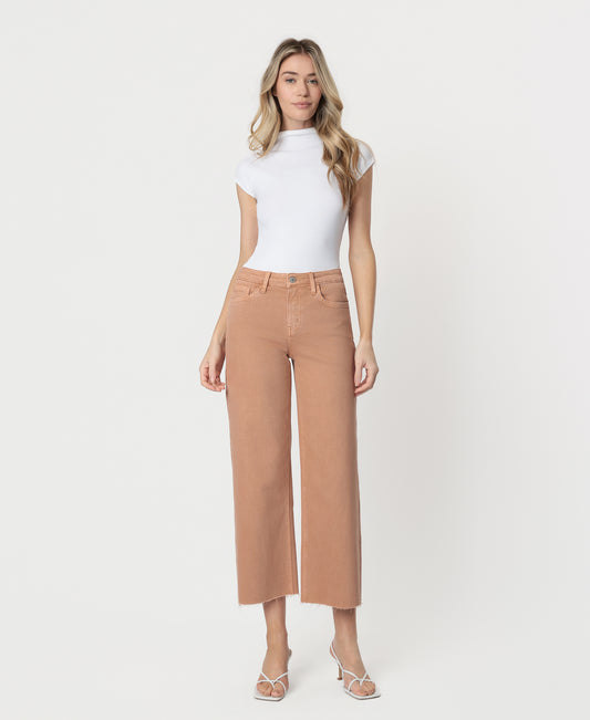 Front product images of Mocha - High Rise Raw Hem Crop Wide Leg Jeans